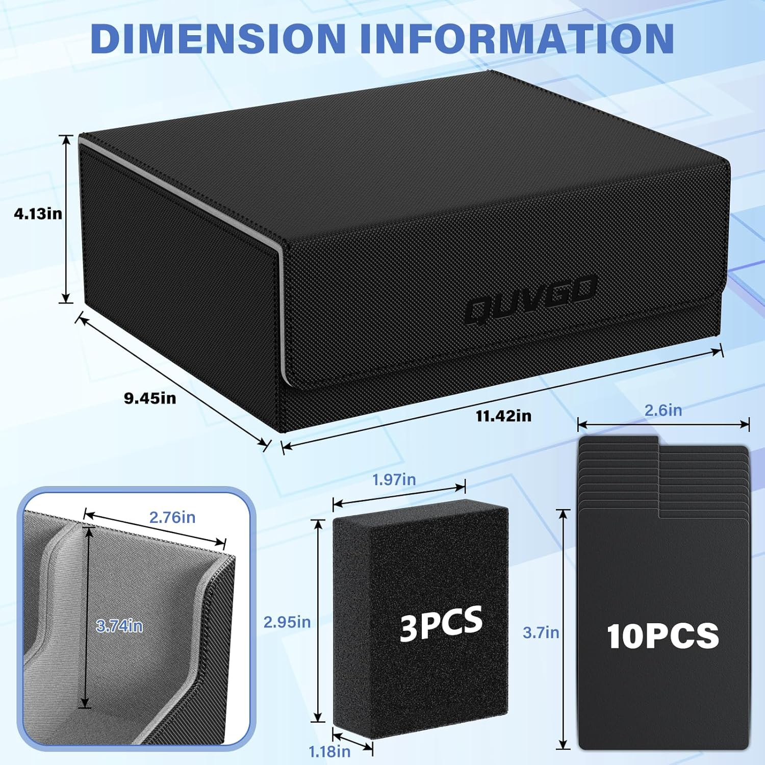 QUVGO Trading Card Storage Box for 1800+ Cards, Durable PU Leather with Strong Magnetic Closure, Fits MTG, Yu-Gi-Oh, Sports Cards, Includes 10 Dividers and 3 Foam Stoppers, Black & Gray image number 5
