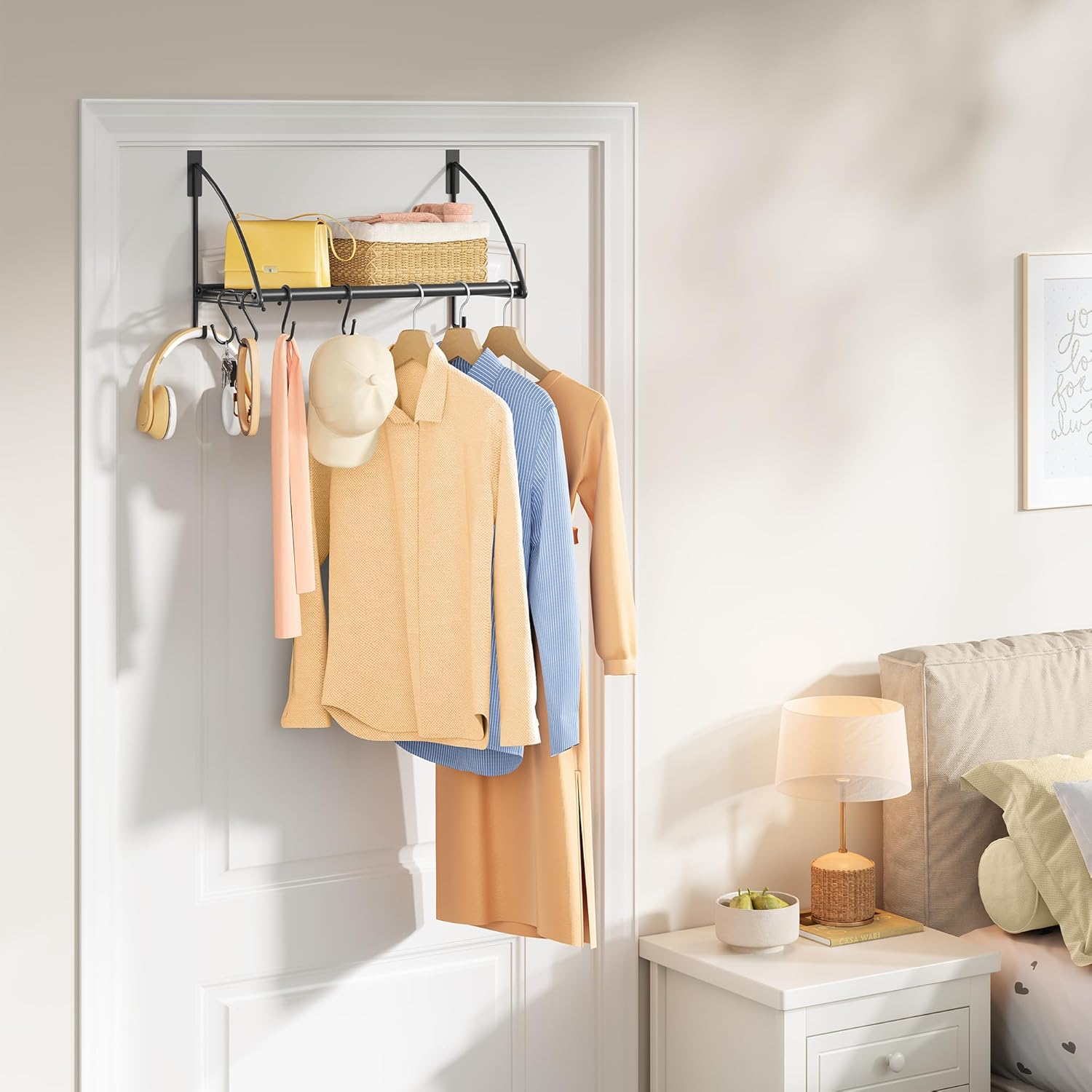 Tajsoon over the Door Hanger with Storage Rack and 6 Hooks, over the Door Clothes Racks for Hanging Towel & Coat, Door Rack Hanger for Bathroom, Bedroom, Living Room, Black image number 2