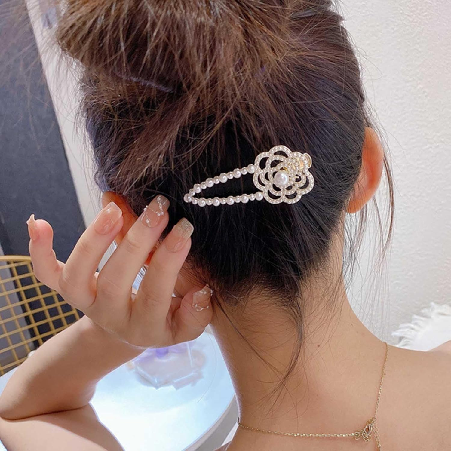 Flower Hair Clip for Women Crystal Flowers Hair Pins Gold Beads Hair Clips Paved Flowers Decorative Hairpin Beads Hair Accessories Long Hair Fashion Gifts (Style:B) image number 5