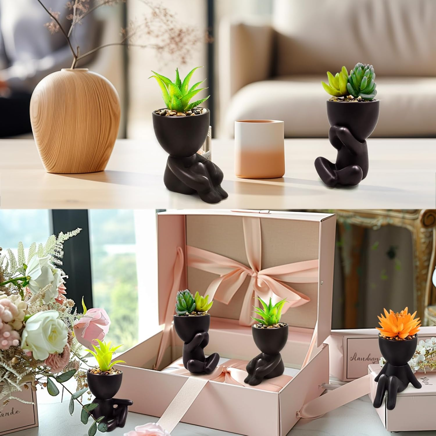 Lenamos Fake Succulent, Mini Succulents Plants Artificial in Modern Human Shaped Ceramic Pots Desk Decor Desk Plant for Office Decor for Women, Cute Fake Plants Bathroom Decor (4) image number 4