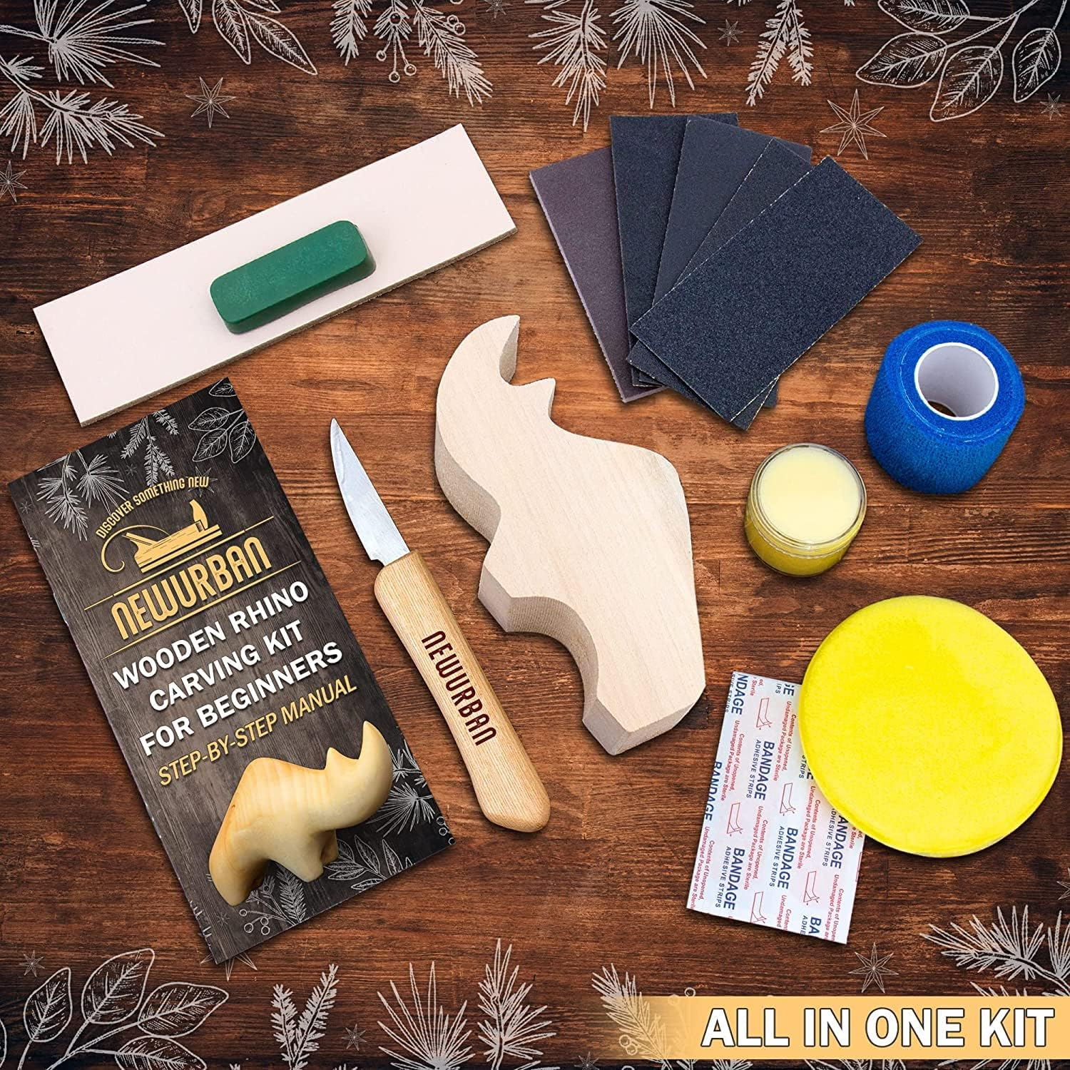 Wood Carving Kit for Beginners - Whittling Kit with Rhino - Linden Woodworking Kit for Kids, Adults - Wood Carving Stainless Steel Knife with Wooden Handle-Rhino Shaped Linden Blank image number 1