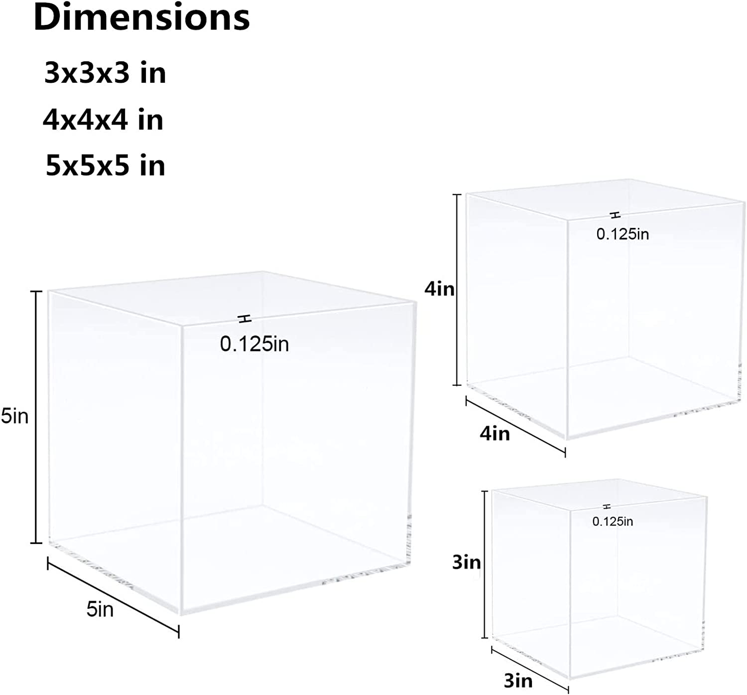 CRUODA Acrylic Display Case,3X3X3&4X4X4&5X5X5 Inches, 3Pc, Display Box, Museum Box Case, Jewelry Book Showcase, Acrylic, Clear, 5 Sided Acrylic Cube image number 5