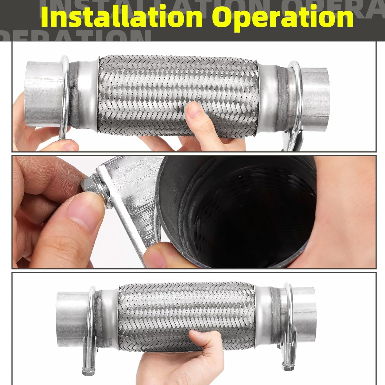 3Pcs Exhaust Flex Pipe Heavy Duty Stainless Steel Exhaust Flex Pipe Double Braid Exhaust Flex Tube U-Bolt Clamp Stainless Steel Muffler U-Bolt Clamps for Cars Trucks Buses Pipes(2" X 8" X 12") image number 2