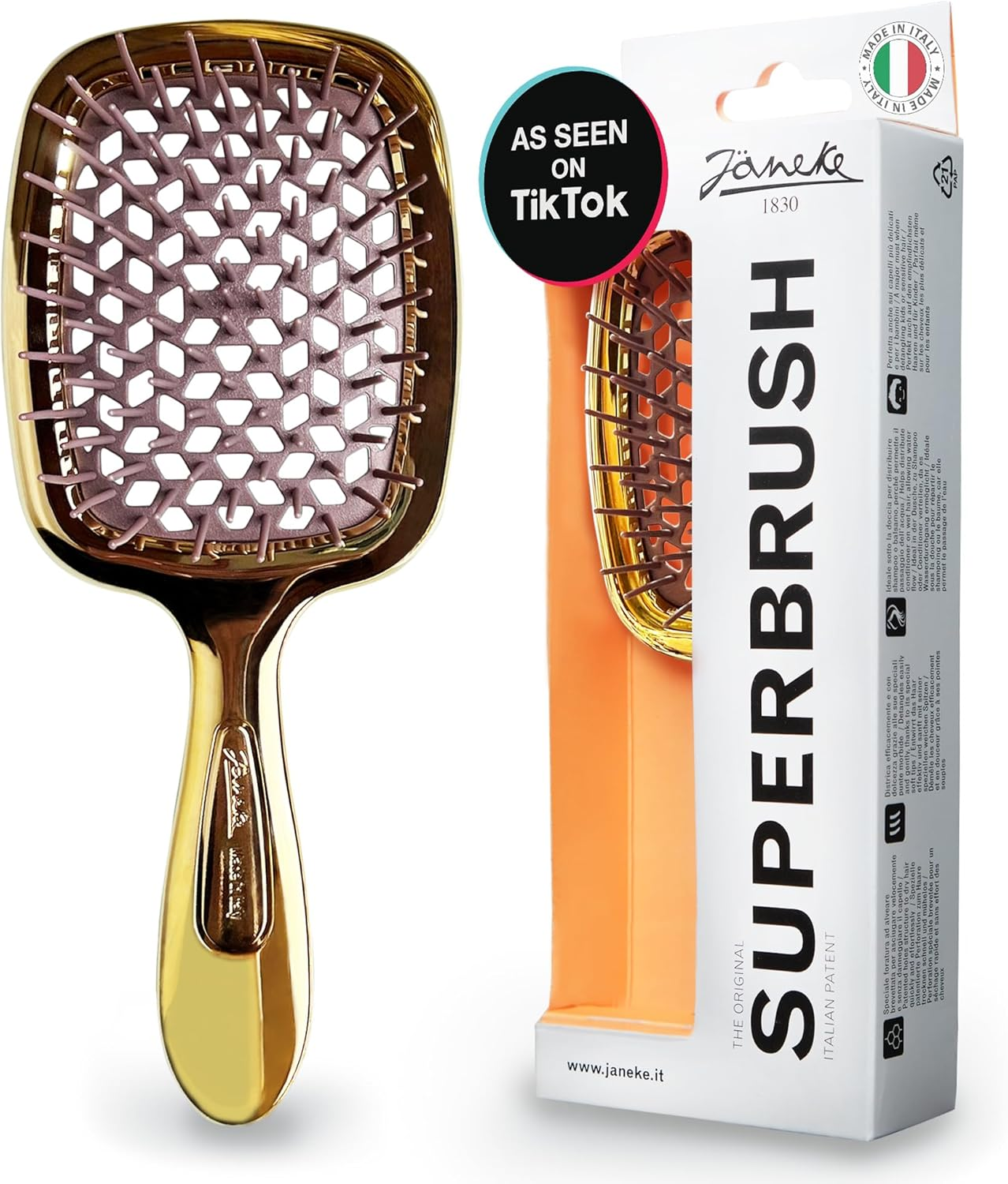 Janeke Superbrush Detangling Brush for Soft Smoothing Hair Brushing with Anti-Static Bristles - Vented Wet Hair Brush for Blow Drying Use - Perfect for Curly, Thick, Wavy, Fine Hair Types (Gold)