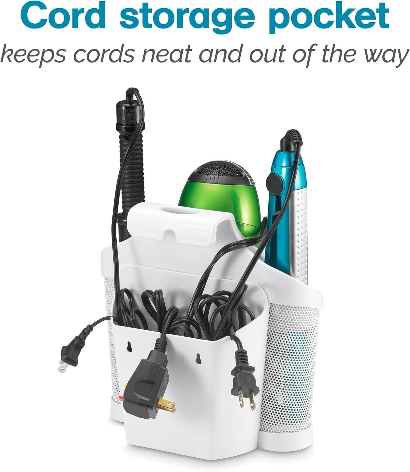 Polder Style Station, Organization for Styling Tools: Hair Dryers,Curling Irons, Straighteners, Brushes, Hang over Towel Rack, Store Undersink or in Drawer, White and Silver image number 2