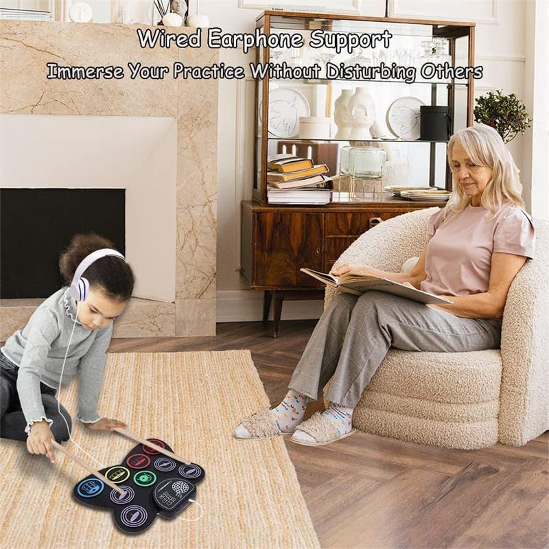 Electronic Drum Set, 9-Drum Practice Pad with Headphone Jack, Roll-Up Drum Kit Machine with Built-In Speaker Drum Pedals and Sticks 10 Hours Playtime, Great Birthday Holiday Gifts for Kids image number 5