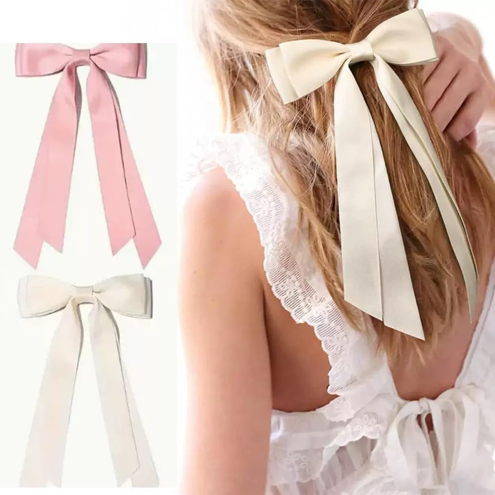 TSUOUKL 2 Pieces Silky Satin Hair Bows Hair Clip Pink Cream Hair Band Ponytail Holder Metal Clips Hair Bow for Women image number 5
