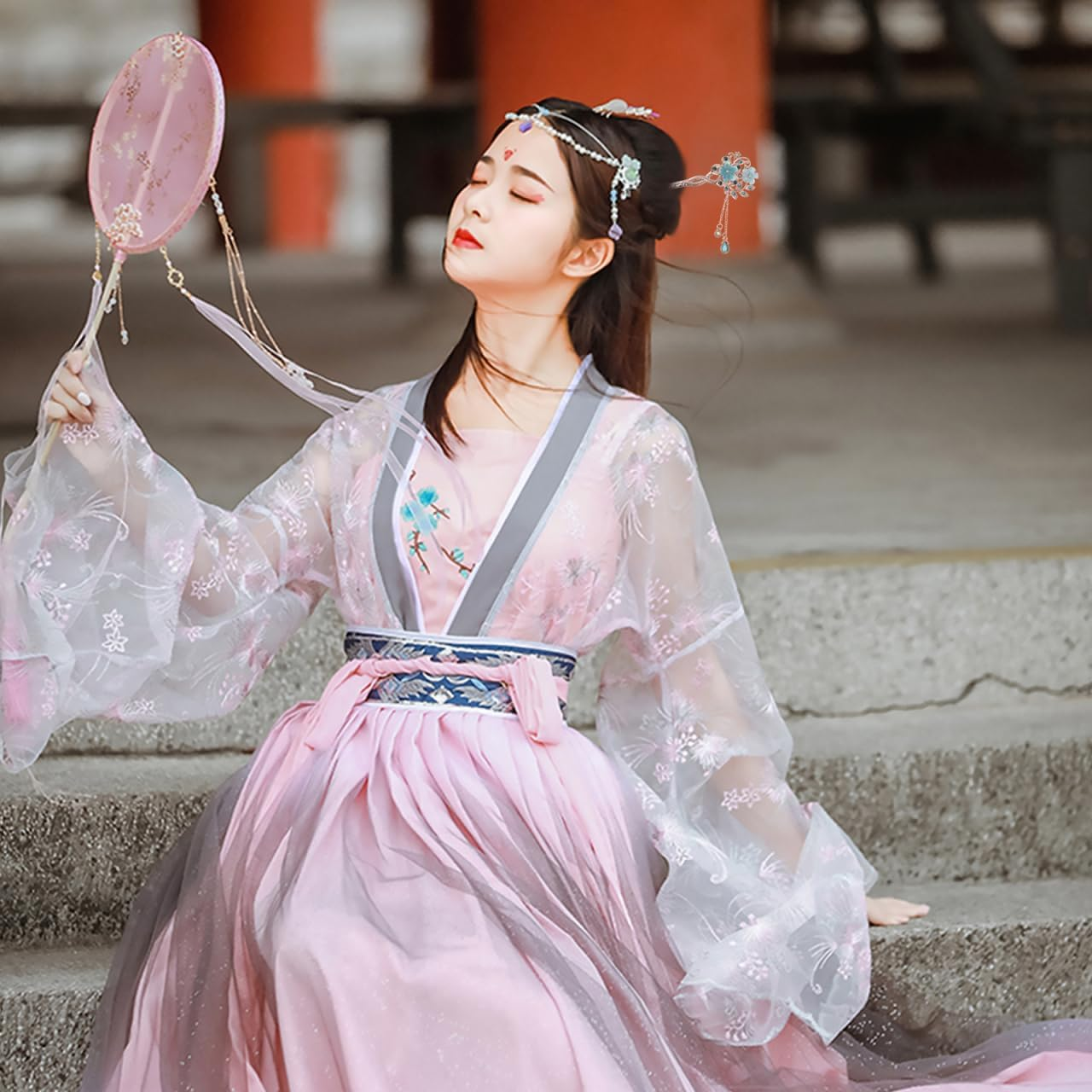 Minkissy Rhinestone Flower Hair Sticks Blue Cat'S Eye Gemstones Vintage Chinese Hanfu Hair Chopsticks with Tassel Floral Hairpins Hair Styling Accessories