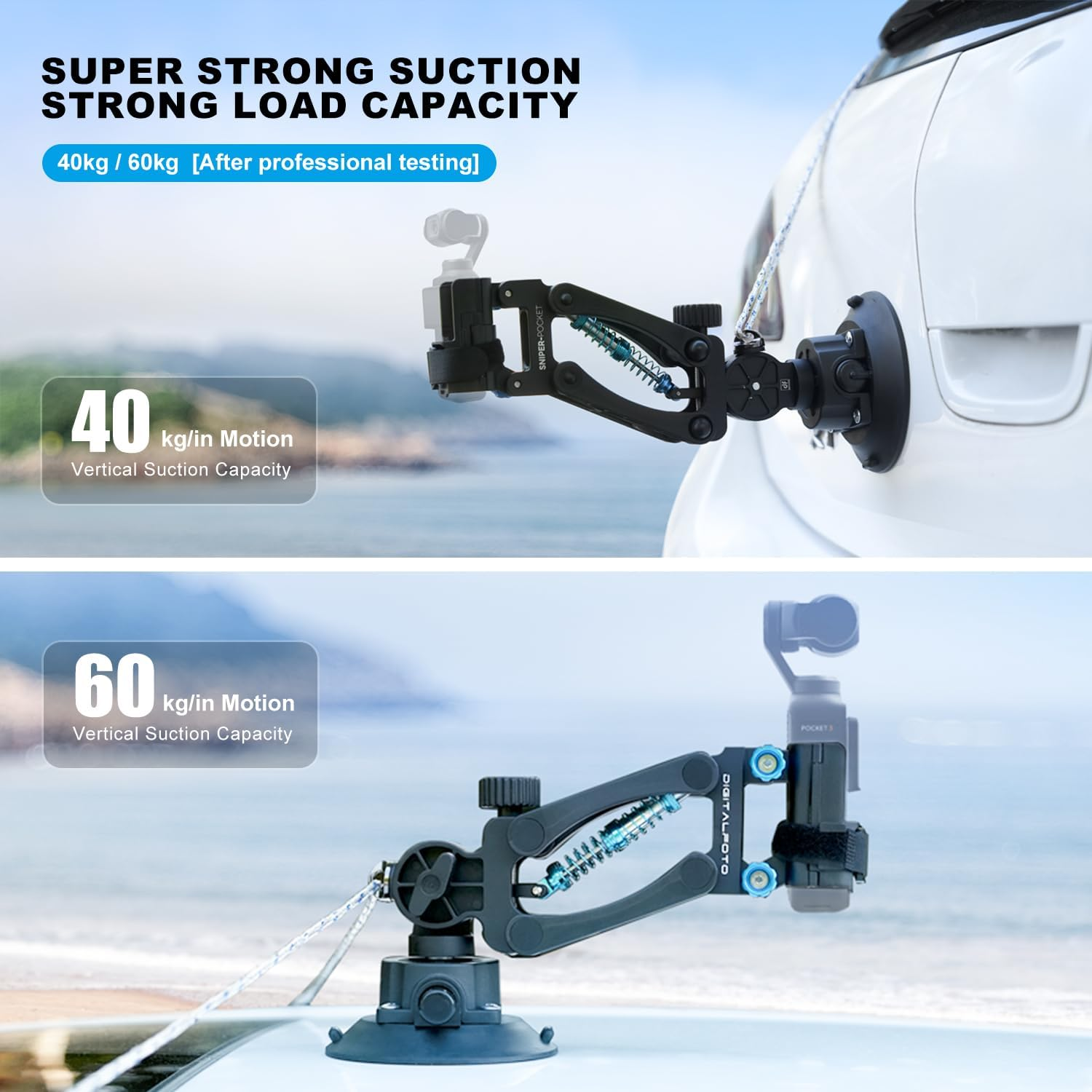 DF DIGITALFOTO Osmo Pocket 3 Car Mount, Blade Arm Sunction Cup Shock Vertical Shock Absorbing Car Shooting with Safety Lock Rope 60Kg Load-Bearing Compatible with DJI Osmo Pocket/Gopro Action Camera image number 5