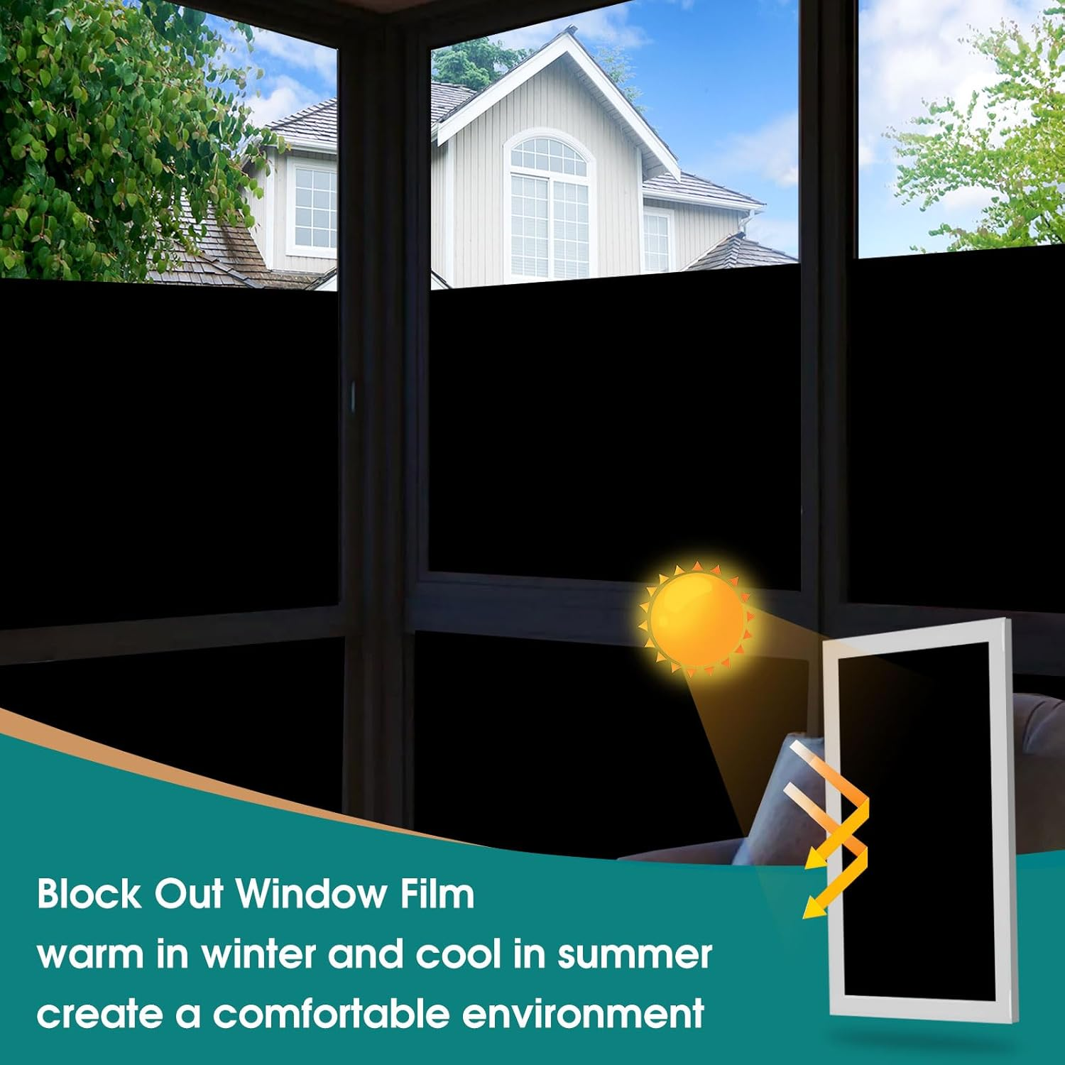 Blackout Window Film - 100% Privacy Blackout Window Cover, UV Heat Light Blocking Window Tint for Daytime Sleep Room Darkening Sun Control (Black, 50Cm &times; 5M) image number 4