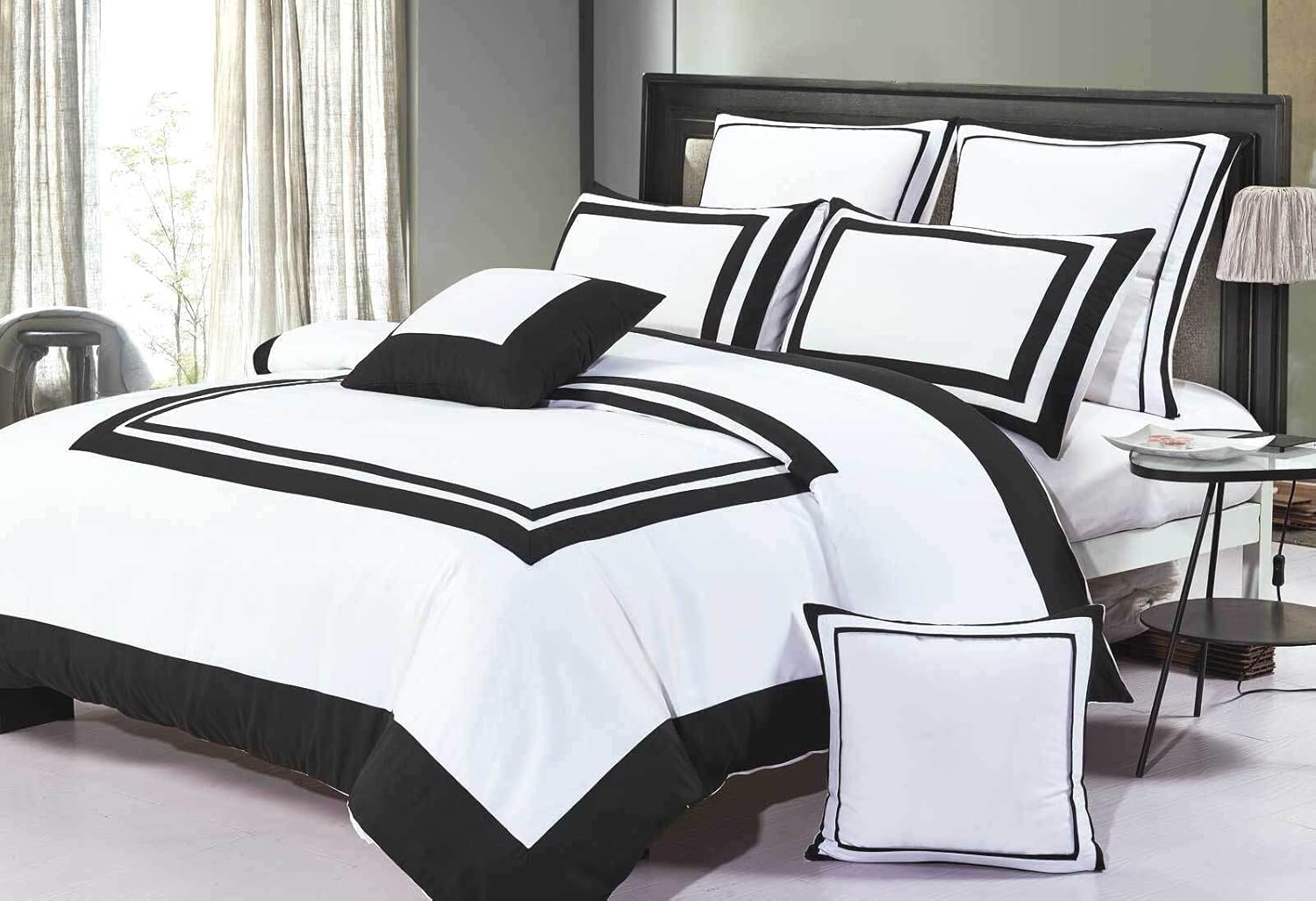 Luxton Macey Black White Quilt Cover King - Striped Bordered 3Pcs Doona Cover Set (King Size)