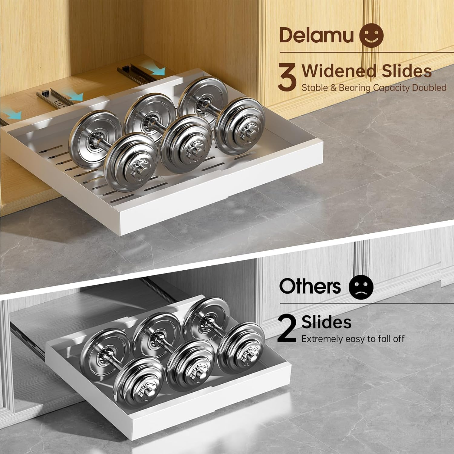 2 Pack 53Cm Deep Pull Out Cabinet Organizer, Expandable Pull Out Drawers for Cabinets Adhesive with Film, Upgrade 3 Slide Rails Slide Out Drawers, Width 32Cm to 52Cm White image number 1