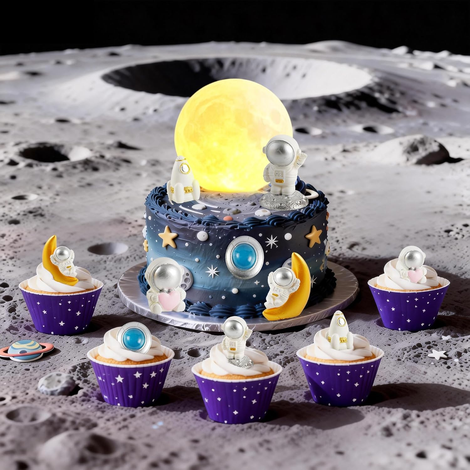 Moon Cake Topper,6Pcs Space Astronauts Diy Cake Decoration, 3D Soft Light Moon Cake Topper for Children Space-Themed Decoration Birthday Party Supplies, Cake Decoration (Yellow) - Yellow image number 5