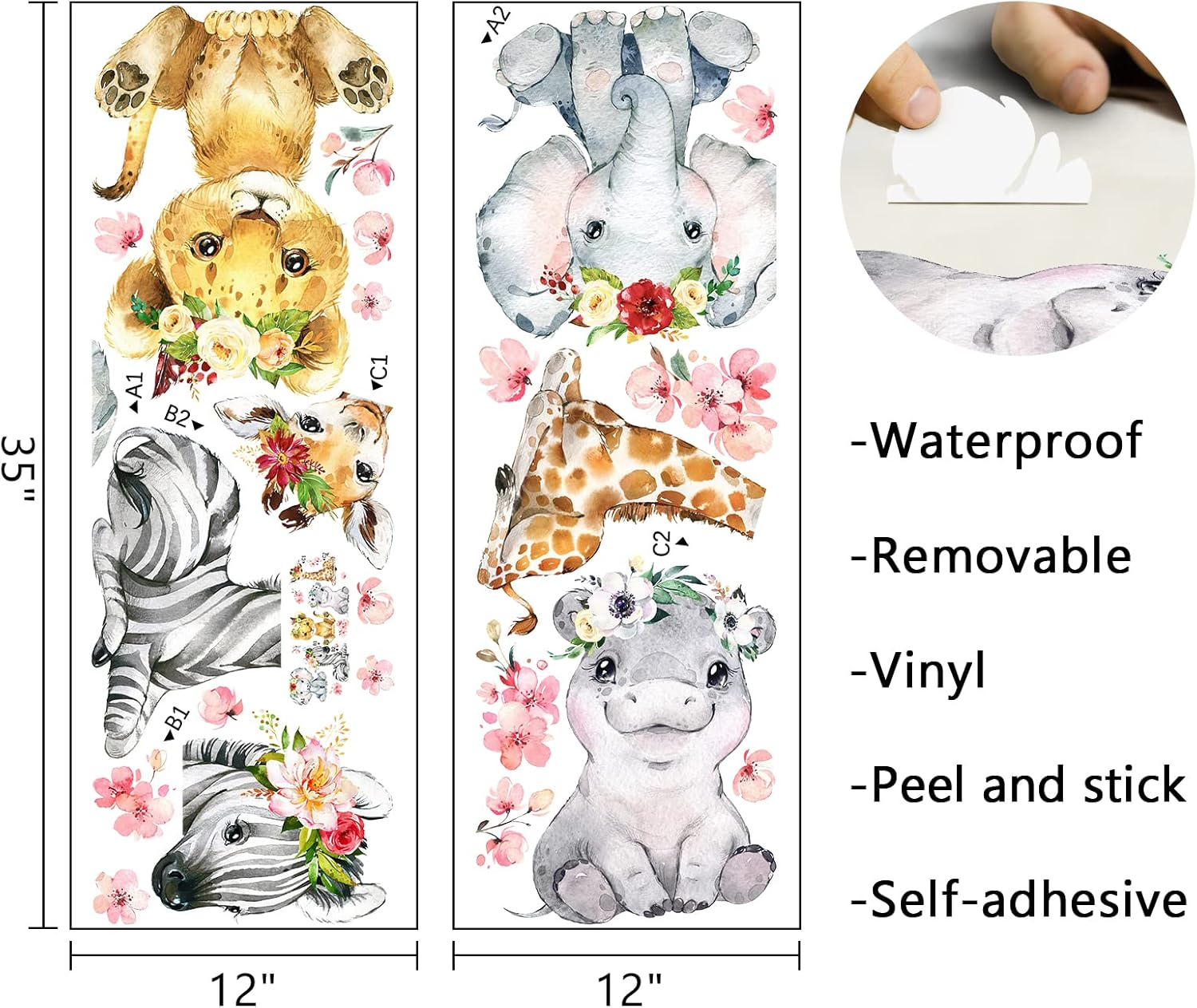 Mfault Girls Safari Jungle Baby Animals Wall Decals Stickers, African Elephant Zebra Giraffe Seahorse Lion Kids Room Nursery Decor, Watercolor Flower Decorations Toddler Bedroom Playroom Art Gift image number 6