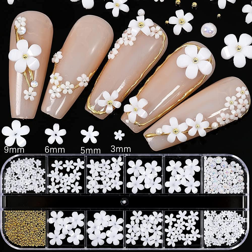 3D Flower Nail Art Charms, 250Pcs White Flowers Nail Rhinestones Kit 3D Crystal Nail Pearls Flat Design Acrylic Nail Art Studs Manicures Nail Accessories for Women Girls