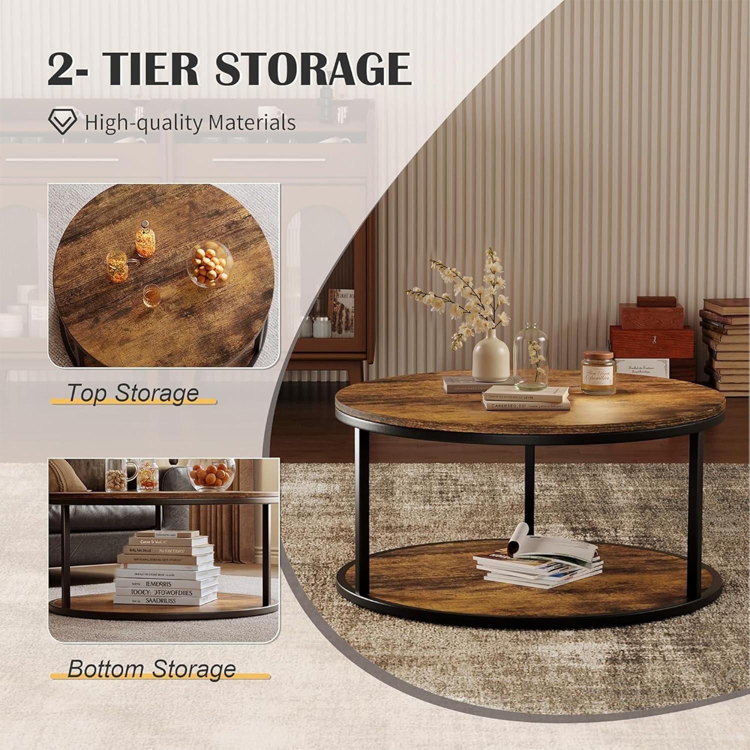 36Cm round Coffee Table with Storage, 2-Tier Small Space Living Room Furniture, Compact Centre Table, Brown image number 4