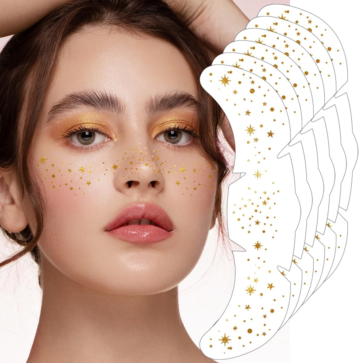 Gold Face Makeup Patches 6Pcs Glitter Freckles Face Temporary Tattoo Cute Glitter Freckles Sparkle Makeup Speckles Waterproof Face Glitter Speckles Patches for Women Cosmetic Face Glitter (Gold07)