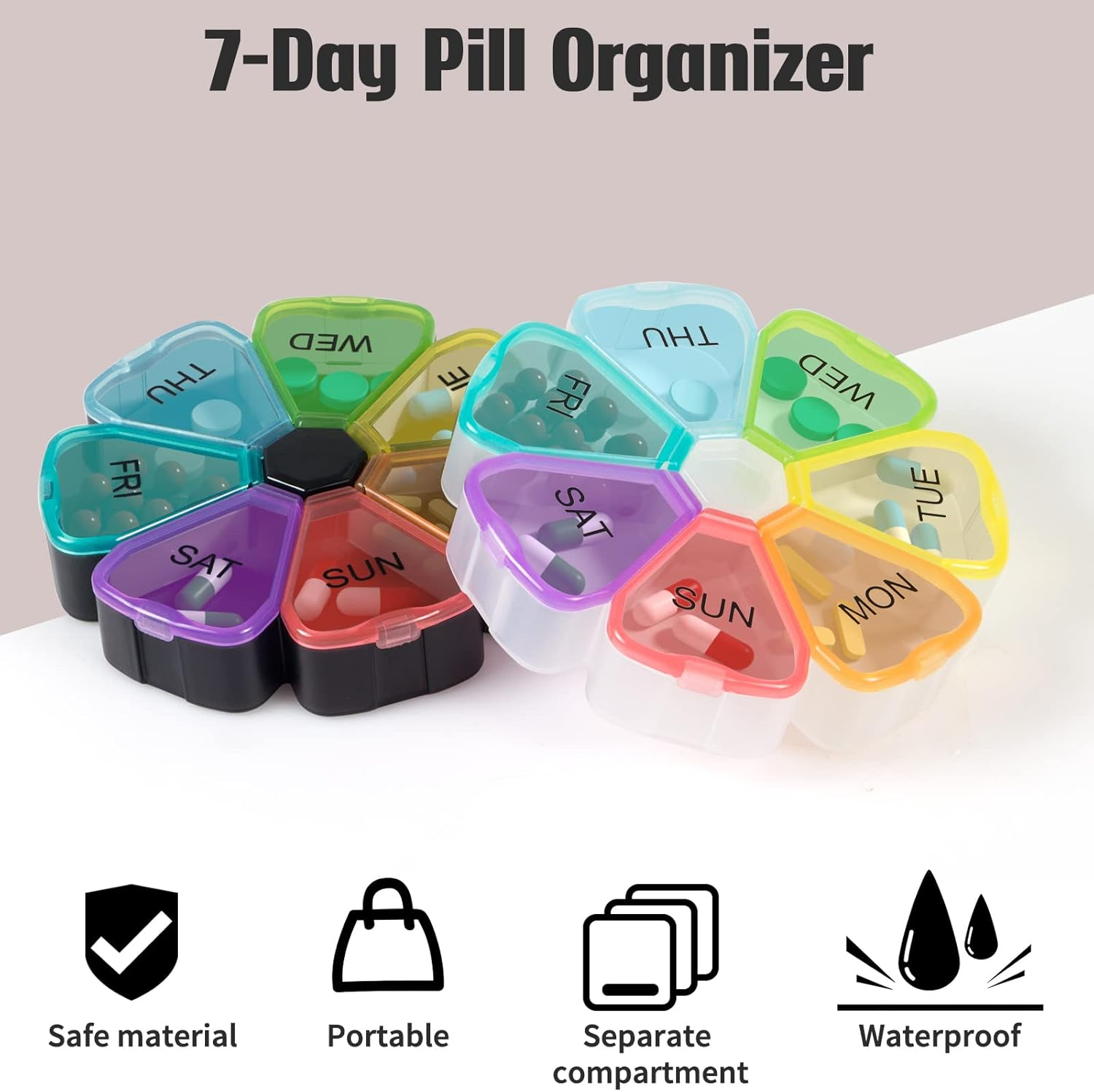 2 Pcs Weekly Pill Organizer KINGTLE Medicine Organiser Portable Flower Pill Dispensers Box, Large Capacity Medicine Organizer for Capsules Lozenges Health Pills