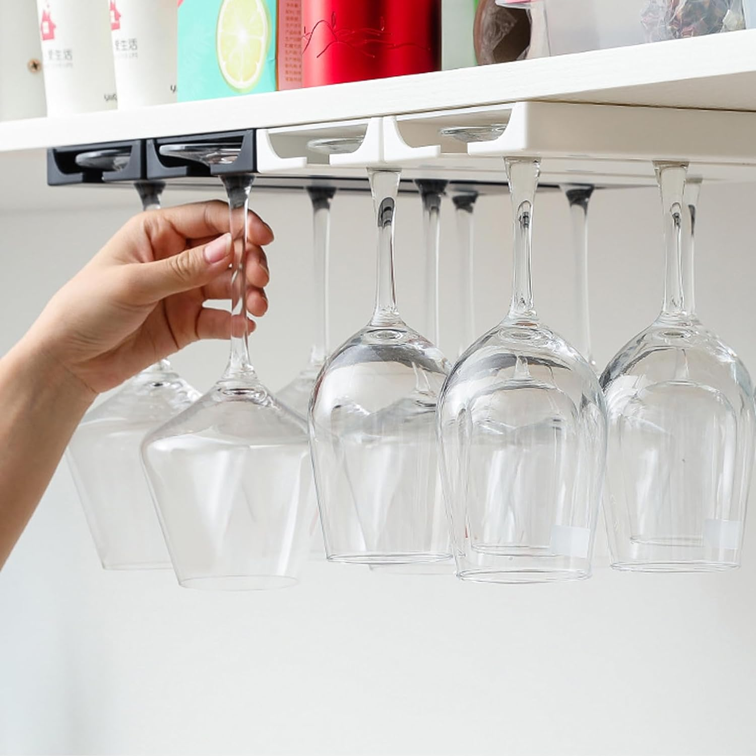 2 Pack Self Adhesive Wine Glass Rack,Wine Glass Rack, Punch-Free under Cabinet Stemware Wine Glass Holder Glasses Storage Hanger Plastic Organizer Stemware Racks (White) image number 5