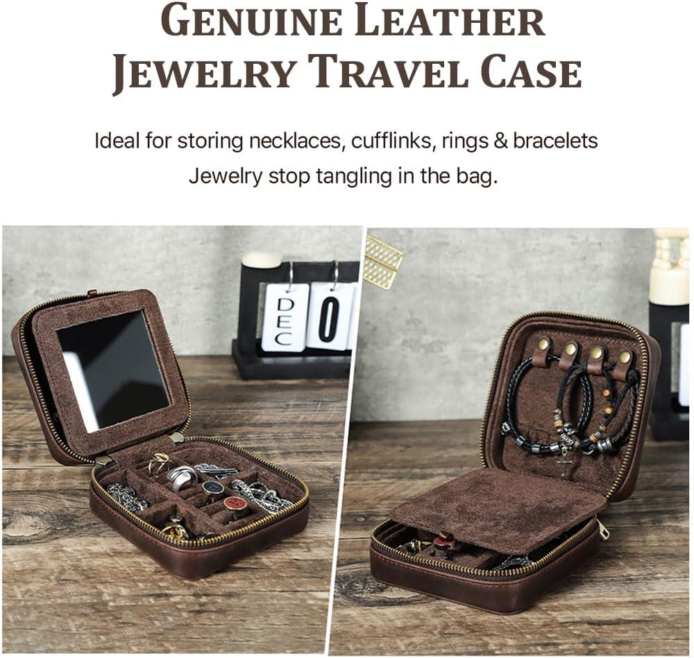 Contacts Genuine Leather Jewelry Box Travel Jewelry Storage Organizer for Men Portable Case for Cufflinks Ring Necklace Earrings with Mirror, Square+Mirror, Coffee image number 6