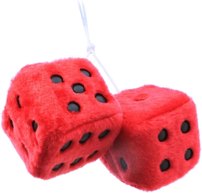Car Mirror Hanging Furry Dice, Classic Vintage Soft Square Hanging Fuzzy Dice, Accessories Ornament Decoration for Car Rearview and Automotive Interior Mirror (Red)