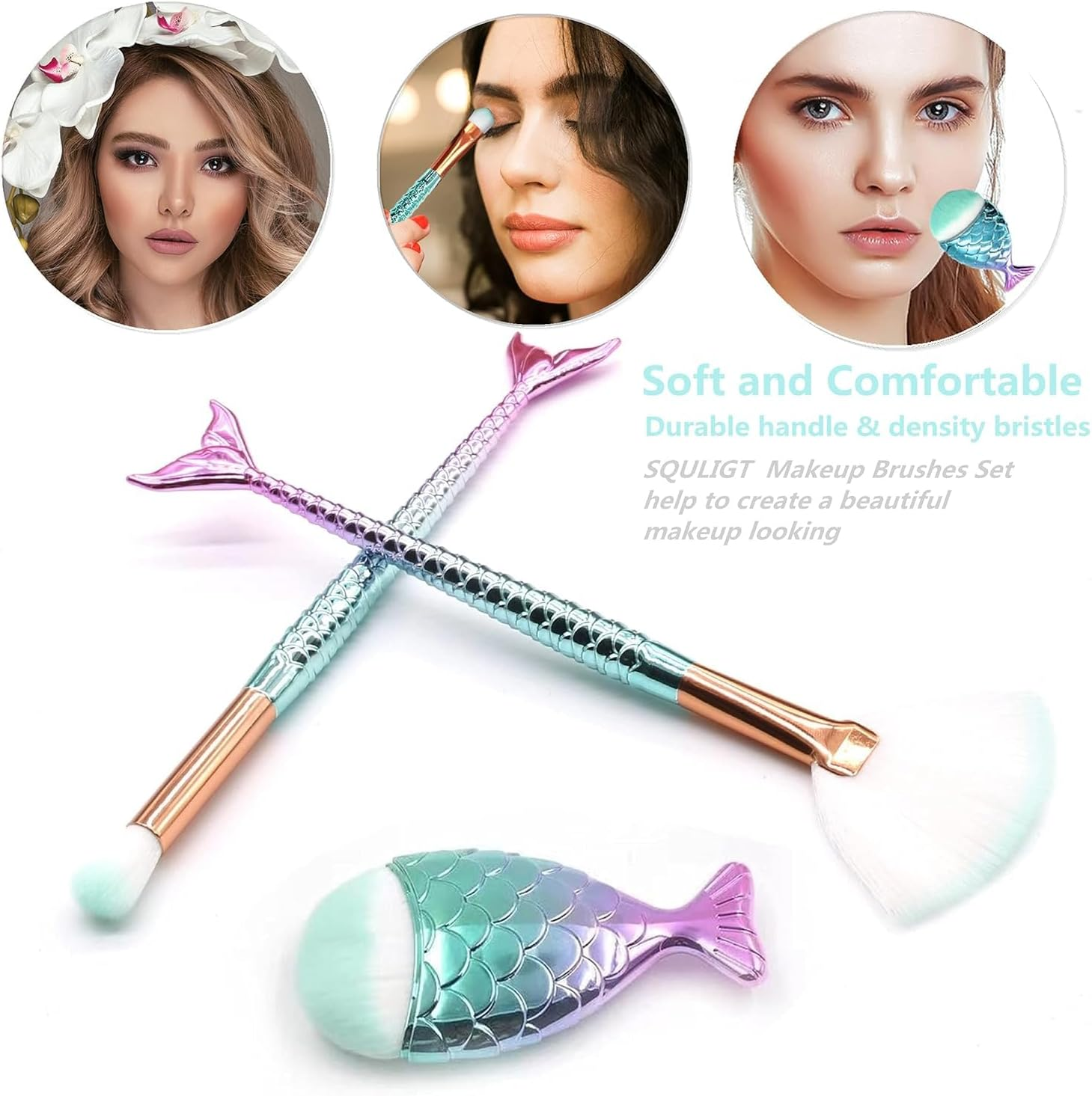 WEZCHUGHAOL 11Pcs Mermaid Makeup Brushes, Premium Synthetic Foundation Powder Concealers Mermaid Makeup Brush Makeup Brush Eyeshadow Eyeliner Blush Brush Soft Nylon Bristle Foundation Cream Eyebrow Eyeshadow Eyeliner Blush Concealer image number 4
