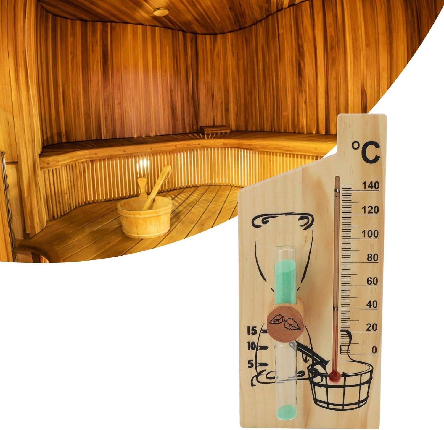 Sauna Thermometer Hourglass, Steam Room Sauna Thermometer and Hygrometer Golden Wooden Frame Double Table Wall Hanging Indoor Solid image number 2