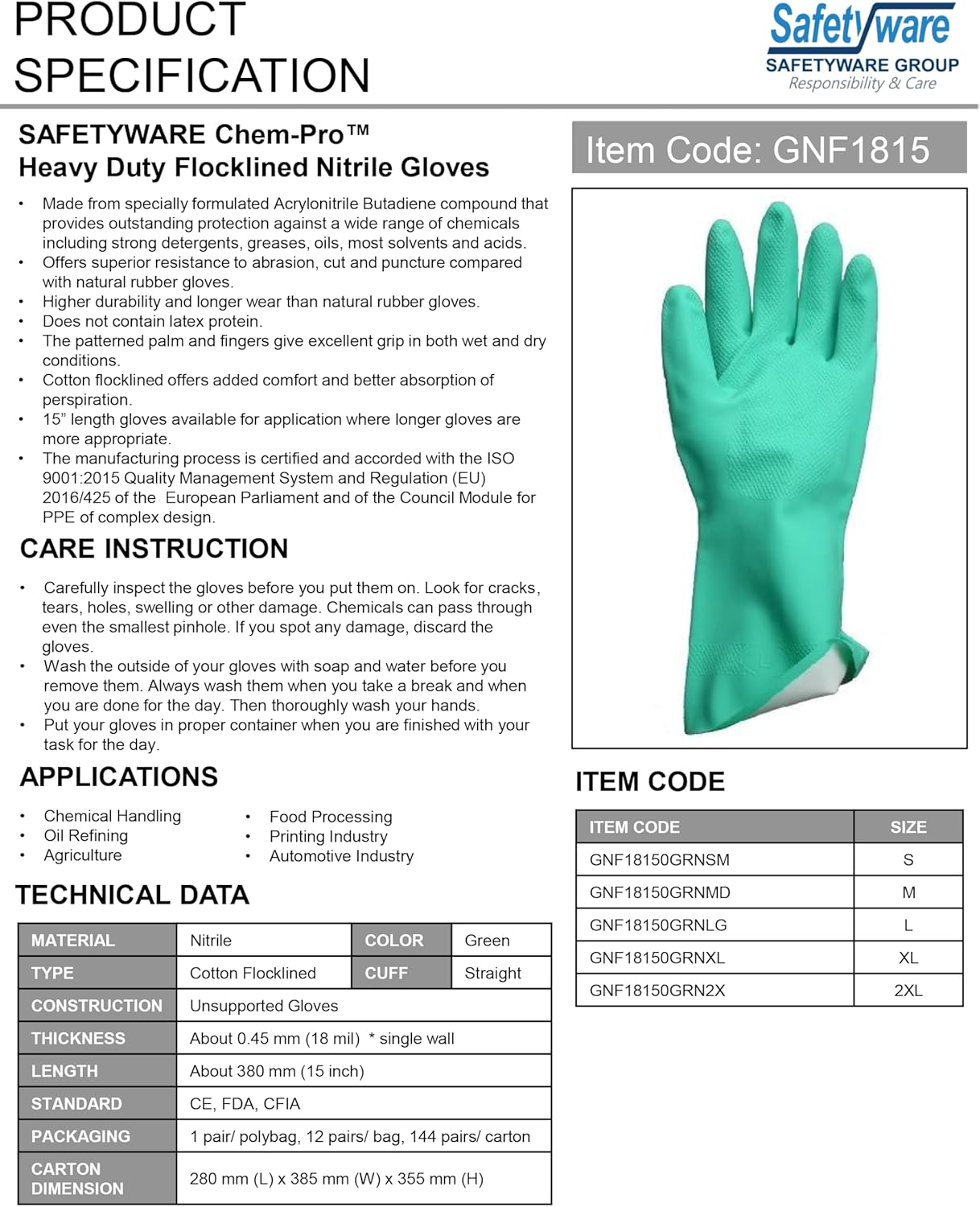 5 Pair Safetyware Chem-Pro Heavy Duty Chemical Resistant Nitrile Work Gloves Flocklined Bulk Long 18Mil Thick Green for Cleaning Oil Dishwashing Kitchen Mechanic General Purpose image number 2