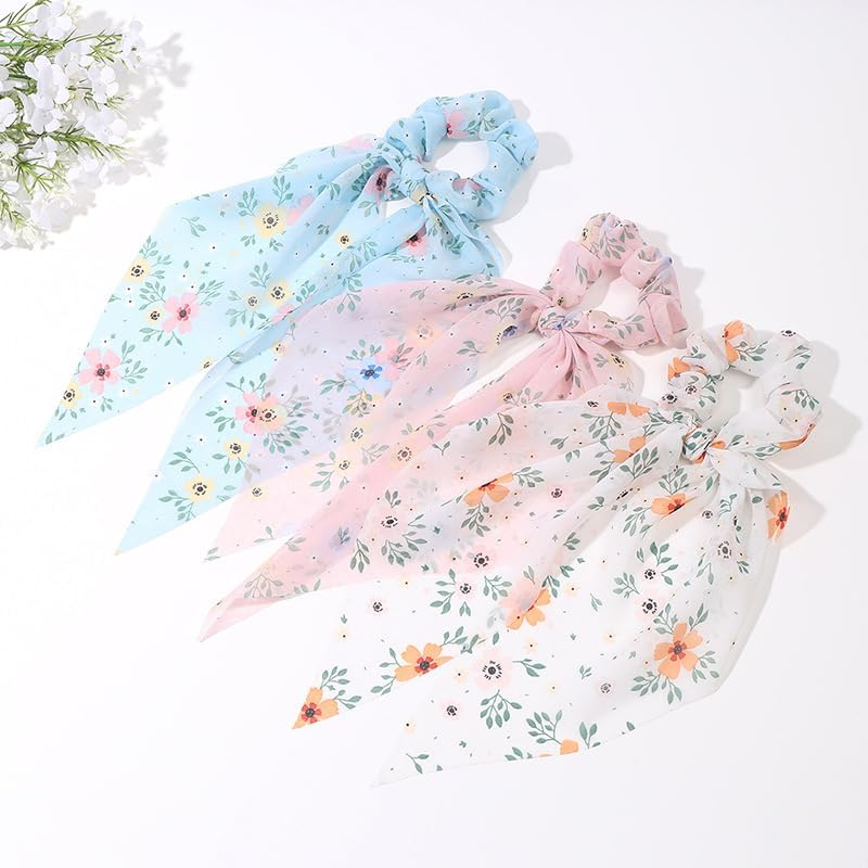 LALOCAPEYO Hair Scarf Scrunchies for Women, 3Pcs Floral Bow Hair Scrunchies, Elastic Hair Scarf Hair Ties, Hair Ribbon Scarf Scrunchies, Ponytail Holder for Women, Hair Accessories for Girls image number 3