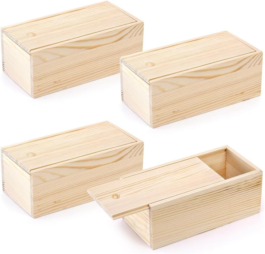 4 Pack Unfinished Wood Storage Box with Slide Lid, Vintage Keepsake Case Cards Container Small Gift Box for Art Hobbies, Fine Workmanship