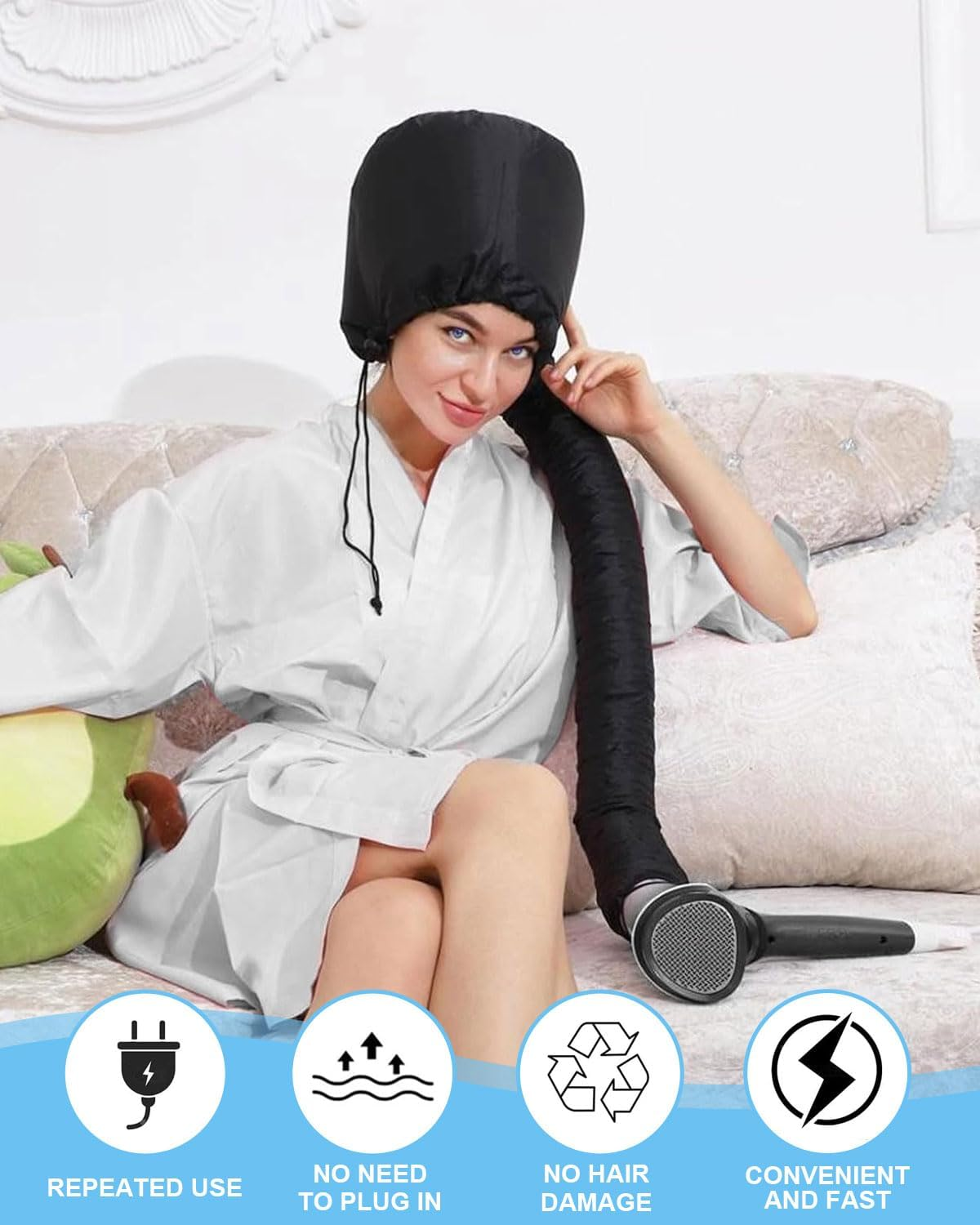 FUGLUS 2 Pieces Hair Dryer Cap, Adjustable Hair Dryer Attachment Hood Hair Treatment Depth Conditioning Cap Side Strap Hood with Elastic Band (Black + Silver) image number 4