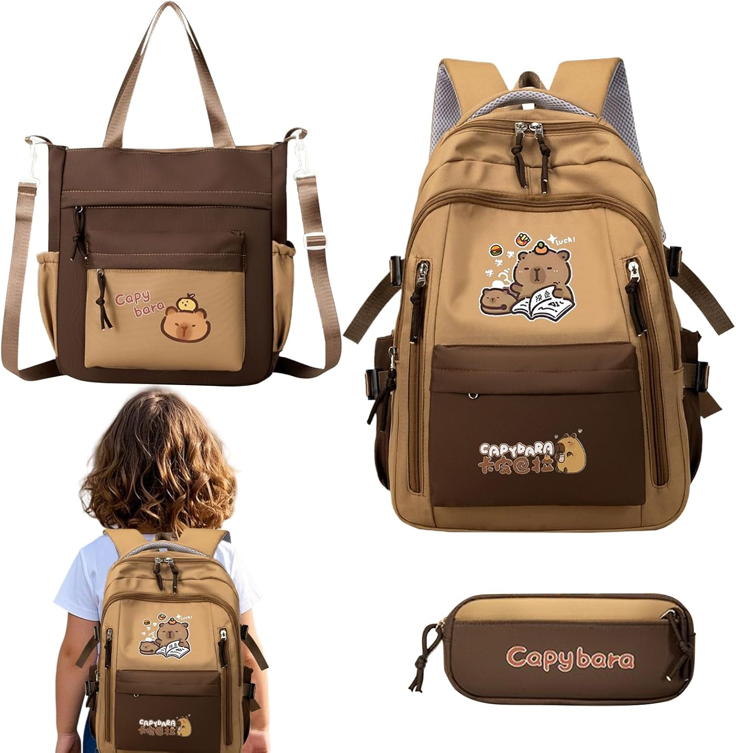 Jsnwernb Cute Capybara Backpack - Large Capybara Kids Cartoon Backpack - Waterproof Bookbag Pencil Bag Kit for Laptop Tablet Daily Christmas Travel Water Bottle Books Stationery Students image number 5