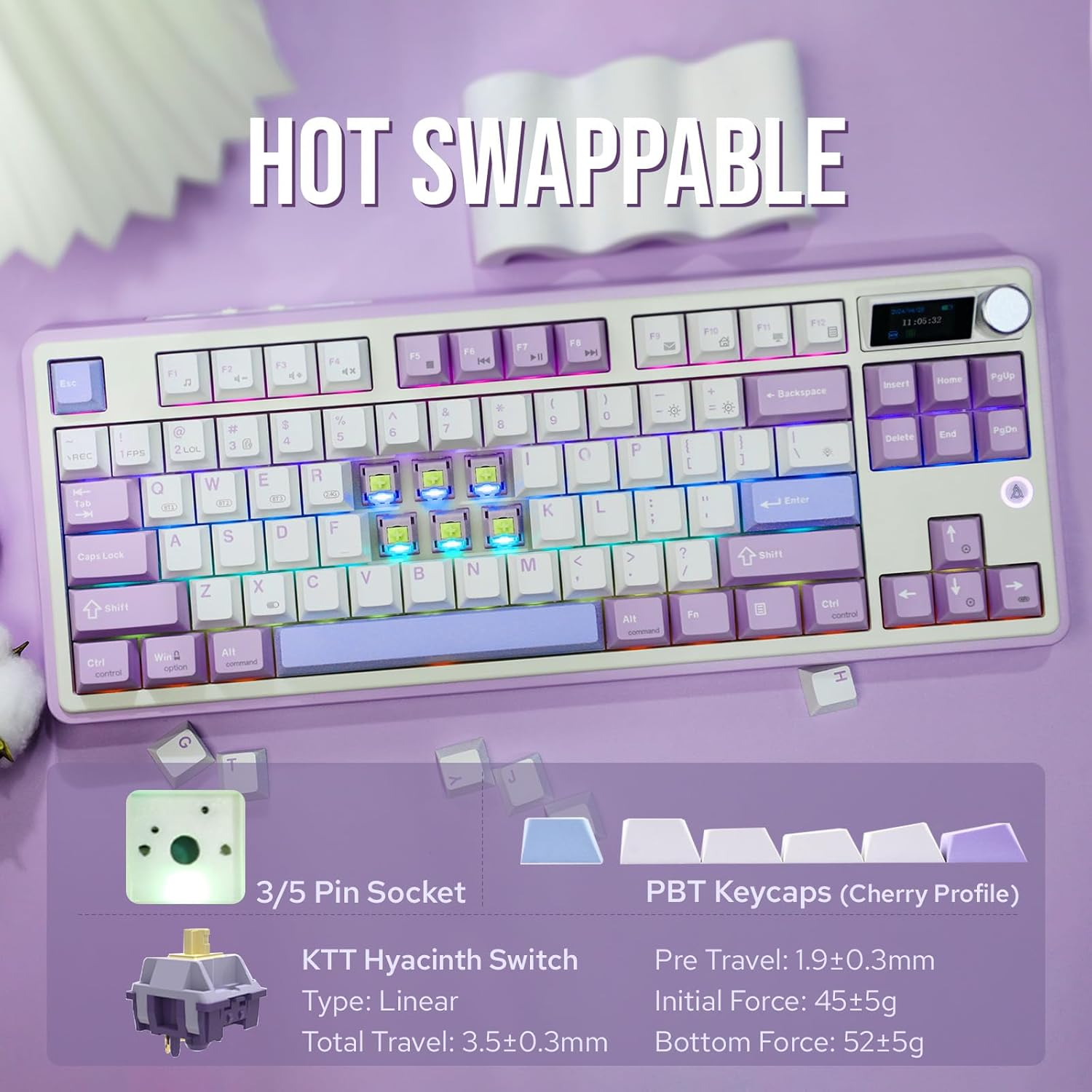 Mechlands Ajazz AK870 87 Keys Gasket Wireless Gaming Keyboard with Screen & Knob, Bt5.0/2.4Ghz/Usb-C Mechanical Keyboard, with 5-Layer Padding, Flex-Cut PCB, NKRO for Win/Mac (Purple, Hyacinth Switch) image number 6