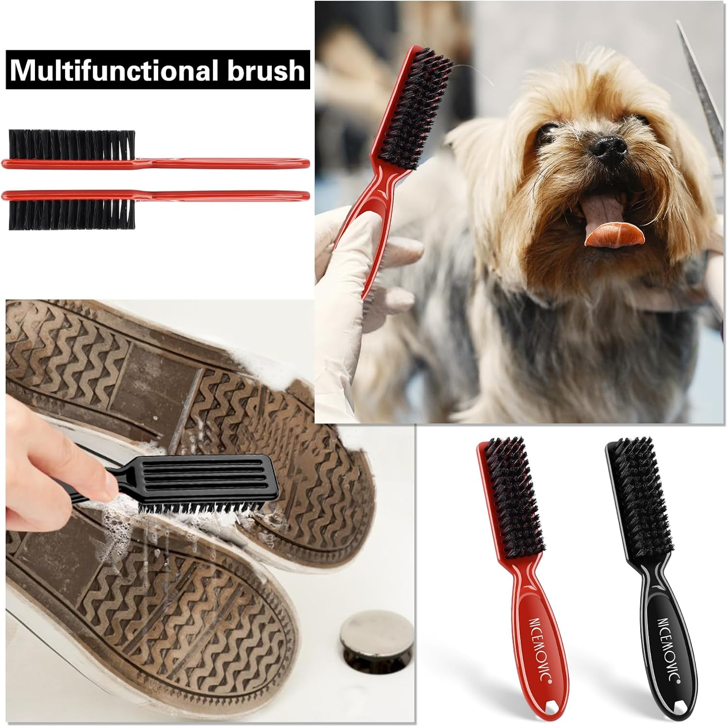 NICEMOVIC Barber Clipper Cleaning Brushes, 10 Pcs Plastic Handle Nylon Bristles, Anti-Slip Handle Mini Brush Bulk Set, Duster Manicure Brush for Hair Styling Tools, Kitchen Sink, Shoes (Black&Red) - Blue image number 2