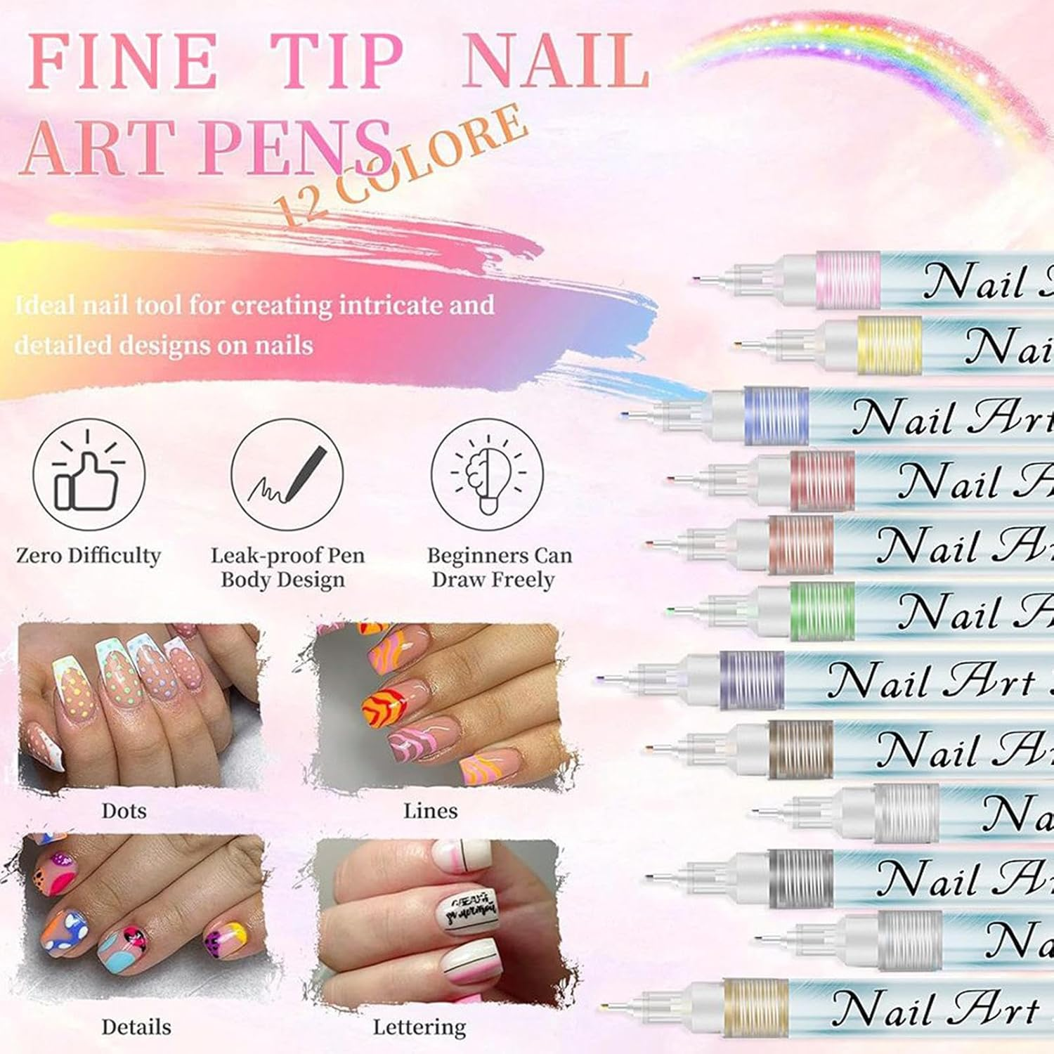Nail Pens - 12-Color Quick-Drying, Drawing Markers, Acrylic Nail Design Pen Set, Nails Art Kit for Adults Women Girls Teens Beginners Home Salon Sketching Lining image number 4