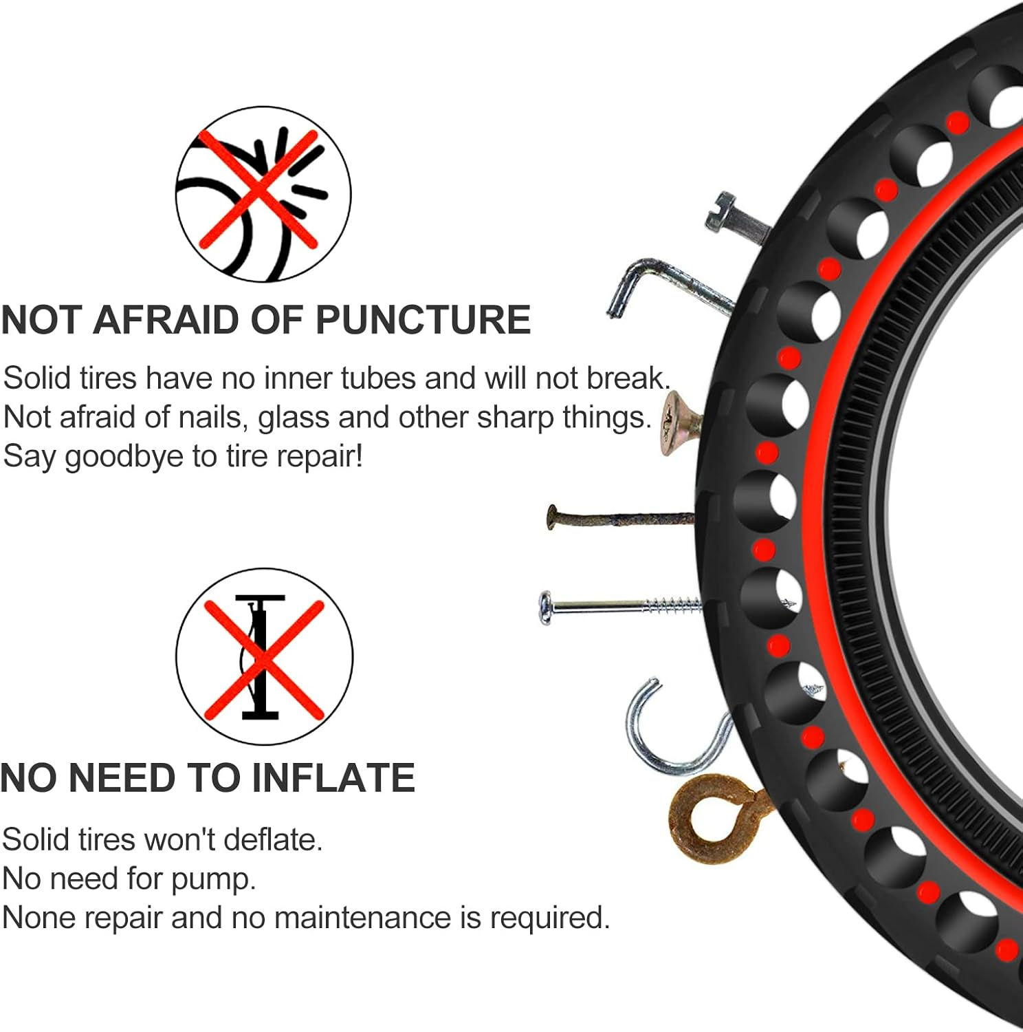 BANGTING 2 Pieces 8.5 Inch E Scooter Solid Tyres, 8 1/2 X2 Solid Rubber Tyres, 50/75-6.1 Replacement Tyres for Xiaomi Pro 2 / M365 / M365 Pro / 1S / 3/3 Lite / Essential and All 8.5 Inches. Scooter Tyres. (Red) - Black (No Tools) image number 4