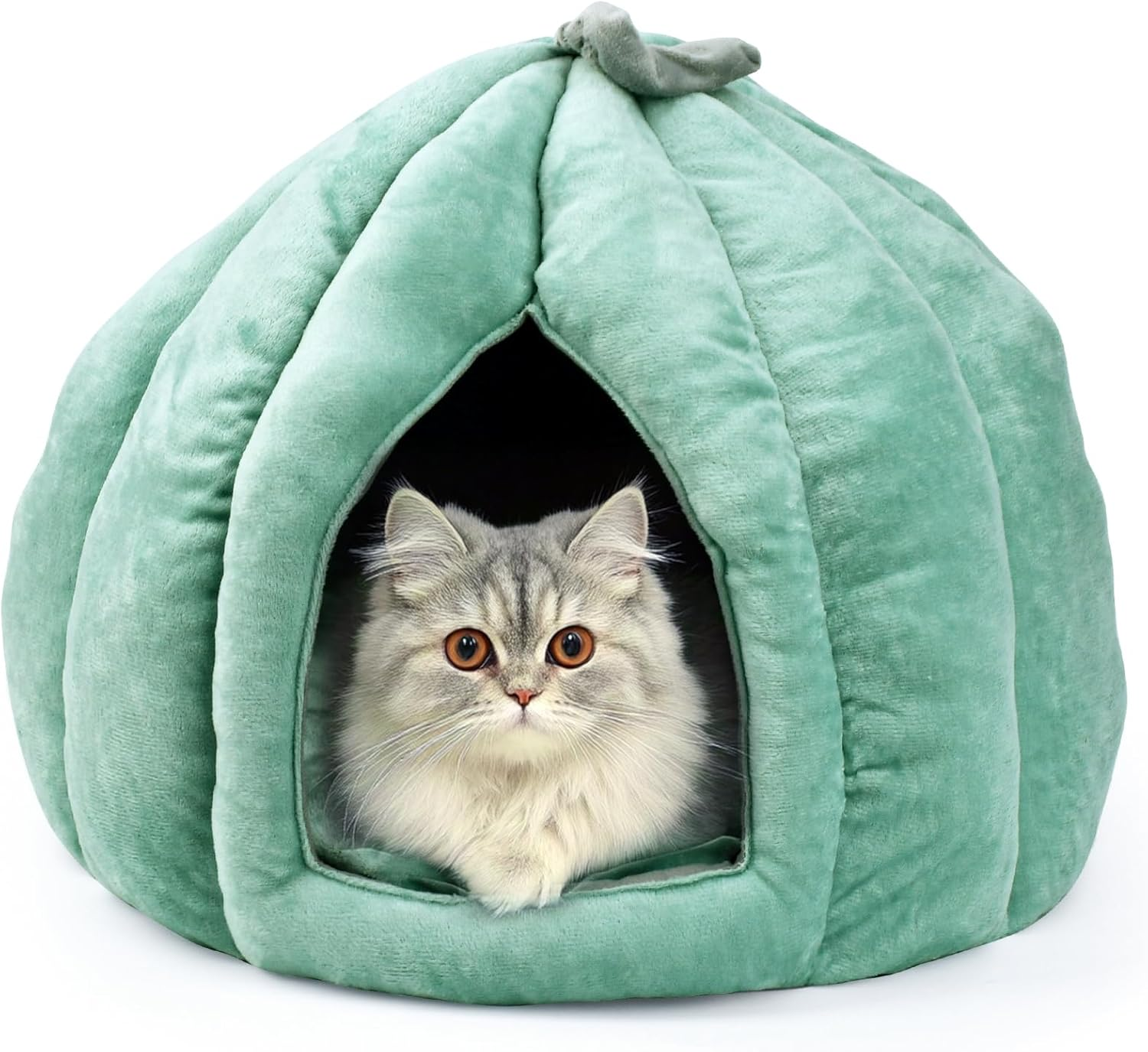 Cat Cave Bed, Removable Cushion Blankets,Soft Semi-Closed Pumpkin Shape Pet Bed, Cat House for Indoor Small, Medium Dogs and Cats, Sleeping Bag (Olive Green, M(2.5-5KG))