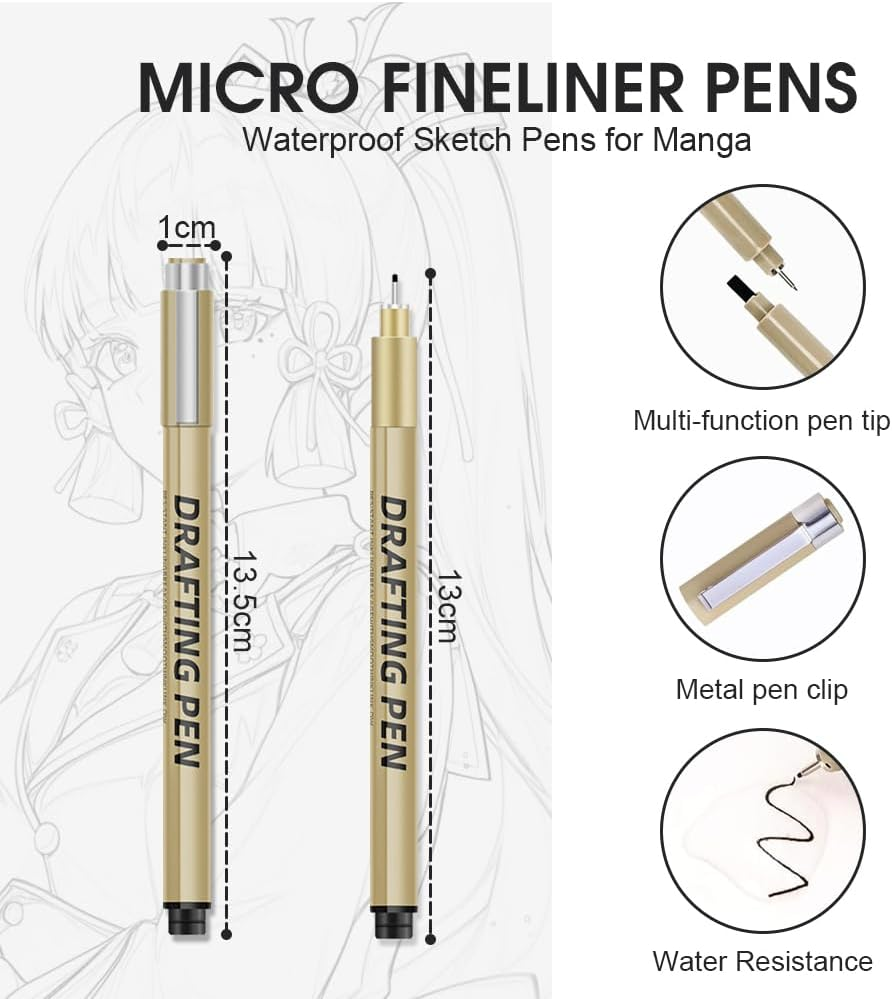 Chamgeco Professional Micro Fineliner Pens Set of 12, Precision Black Micro Drawing Pens with Waterproof Archival Ink, Artist Supplies for Sketching, Manga, Anime, Technical Drawing, Watercolor Art image number 2