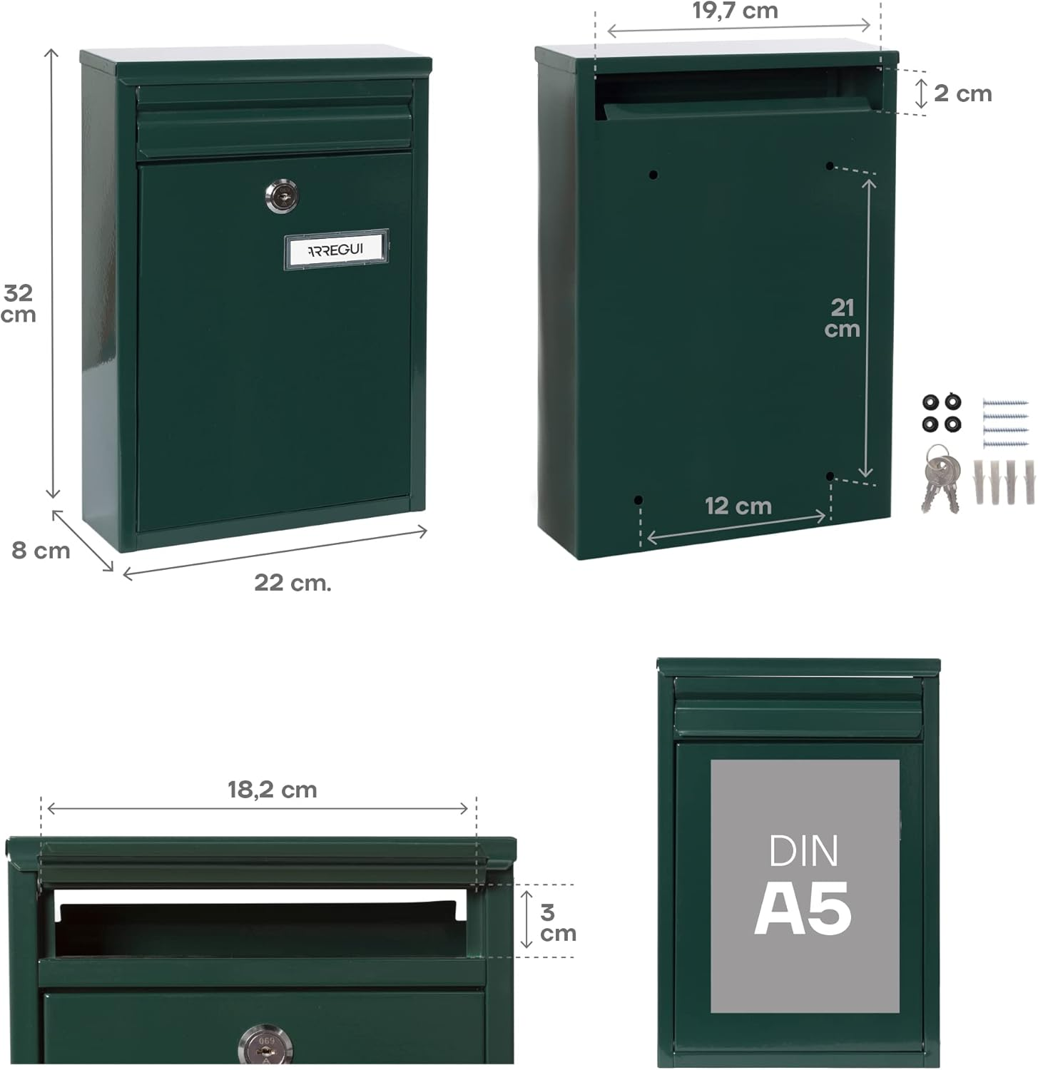 ARREGUI Zagu&aacute;n E5753 Galvanised Steel Letter Box Size S (DIN A5 Post) 32 X 22 X 8 Cm, Wall-Mounted Post Box for Outdoor Use, Waterproof, with Name Plate, Easy Assembly, Green