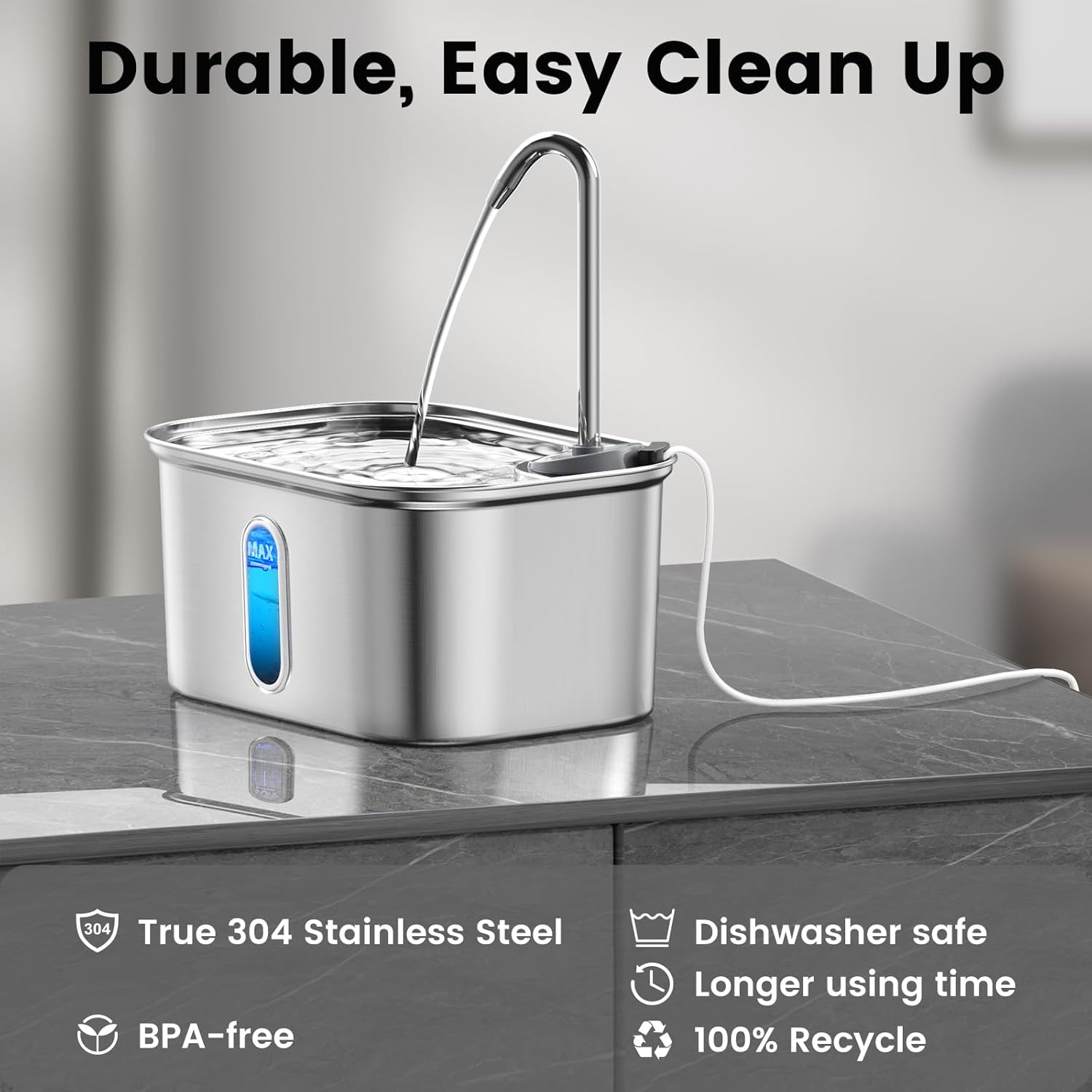 Cat Water Fountain Stainless Steel 304, 2.6L 88Oz Auto Shut-Off Bpa-Free Cat Fountain for Drinking, 2 Flow Modes Cat Water Dispenser for Cats, Multiple Pets Metal Kitty Spout image number 2