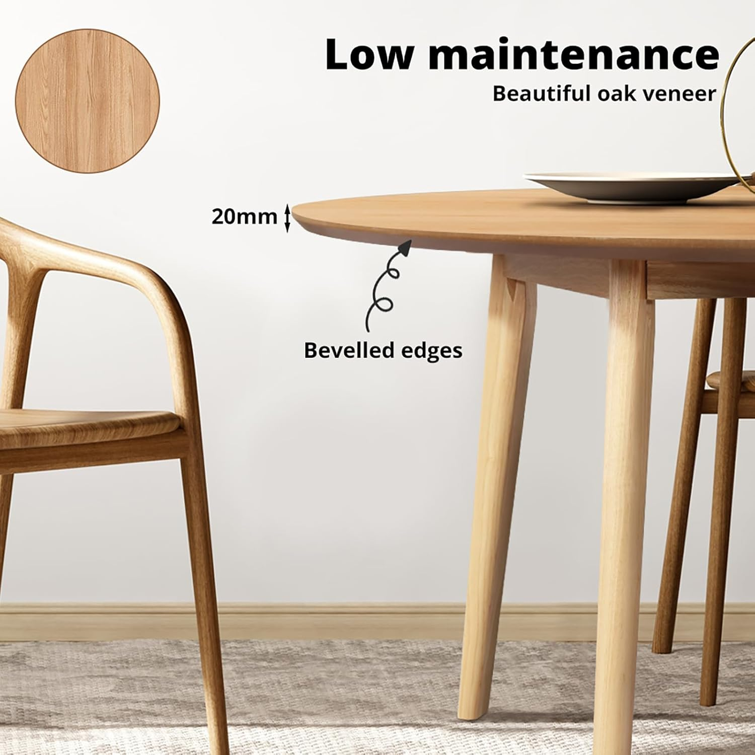 Levede round Dining Table, Oak Veneer or Melamine Top, Rubberwood Base, Anti-Slip, for Kitchen/Cafe/Restaurant, Partially Assembled(100Cm X 100Cm X 75Cm, Natural) image number 4