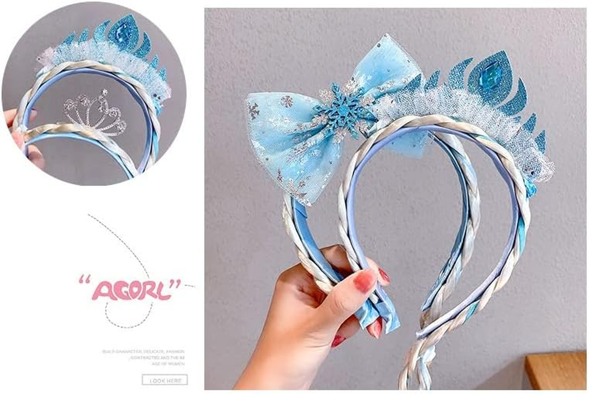 Kids Girls Toddlers Blue Elsa Princess Ponytail Hair Extension Party Hair Clips Snowflake Crown Headband Hairband Costume Dress up Braided Wigs (Elsa Crown Headband)