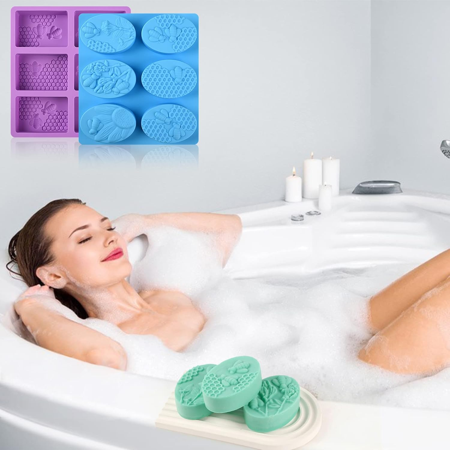 Sakolla 2 Pack 6 Cavity Bee Silicone Soap Molds Rectangle Oval Honeycomb Silicone Molds Loaf Handmade Molds for Soap Making Supplies DIY Wax Melts, Beeswax, Cake Chocolate Bakeware image number 2