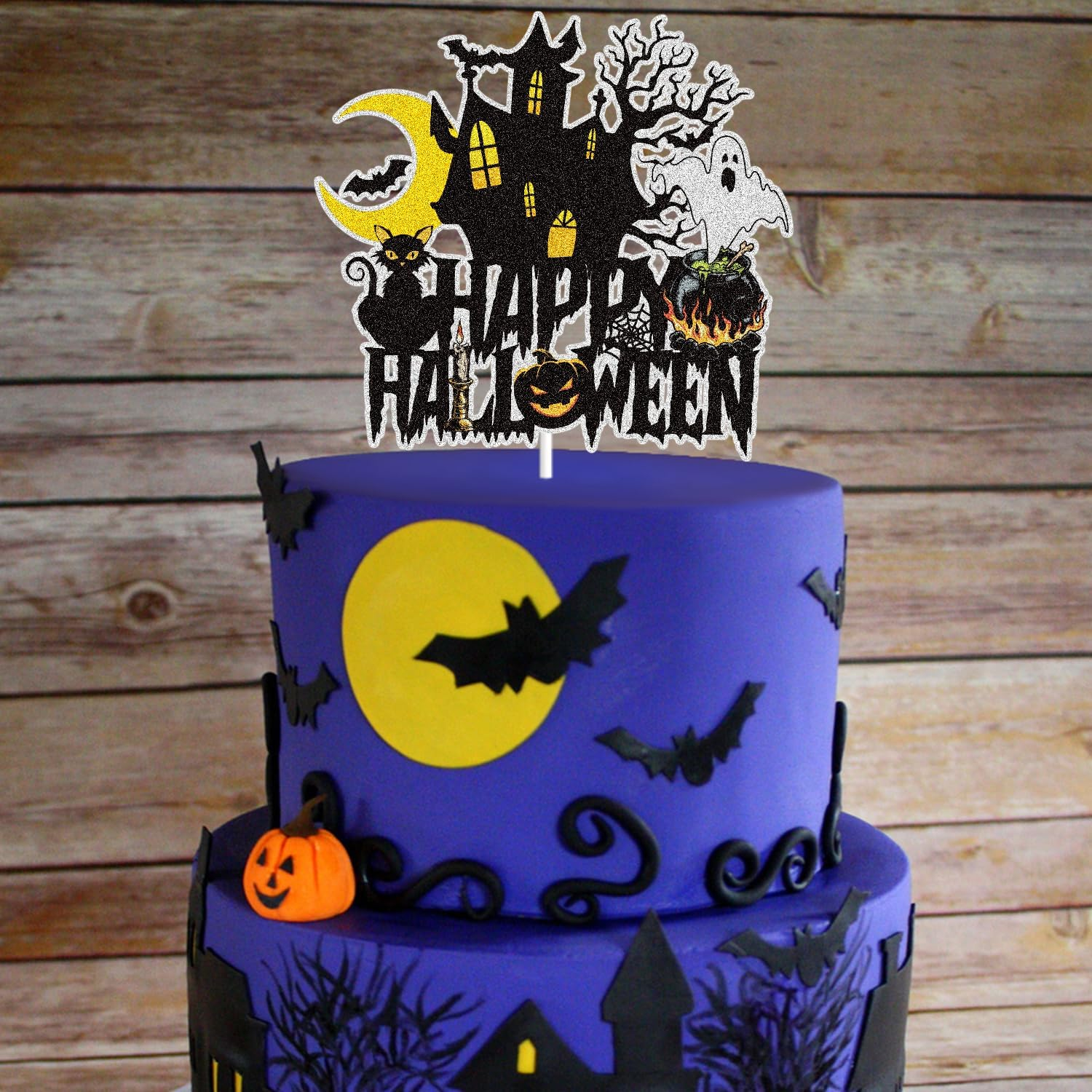 Happy Halloween Cake Topper Halloween Holiday Decorations Black Glitter Ghost House Pumpkin Moon Bat Themed Halloween Party Decoration Supplies - Birthday Witch image number 6