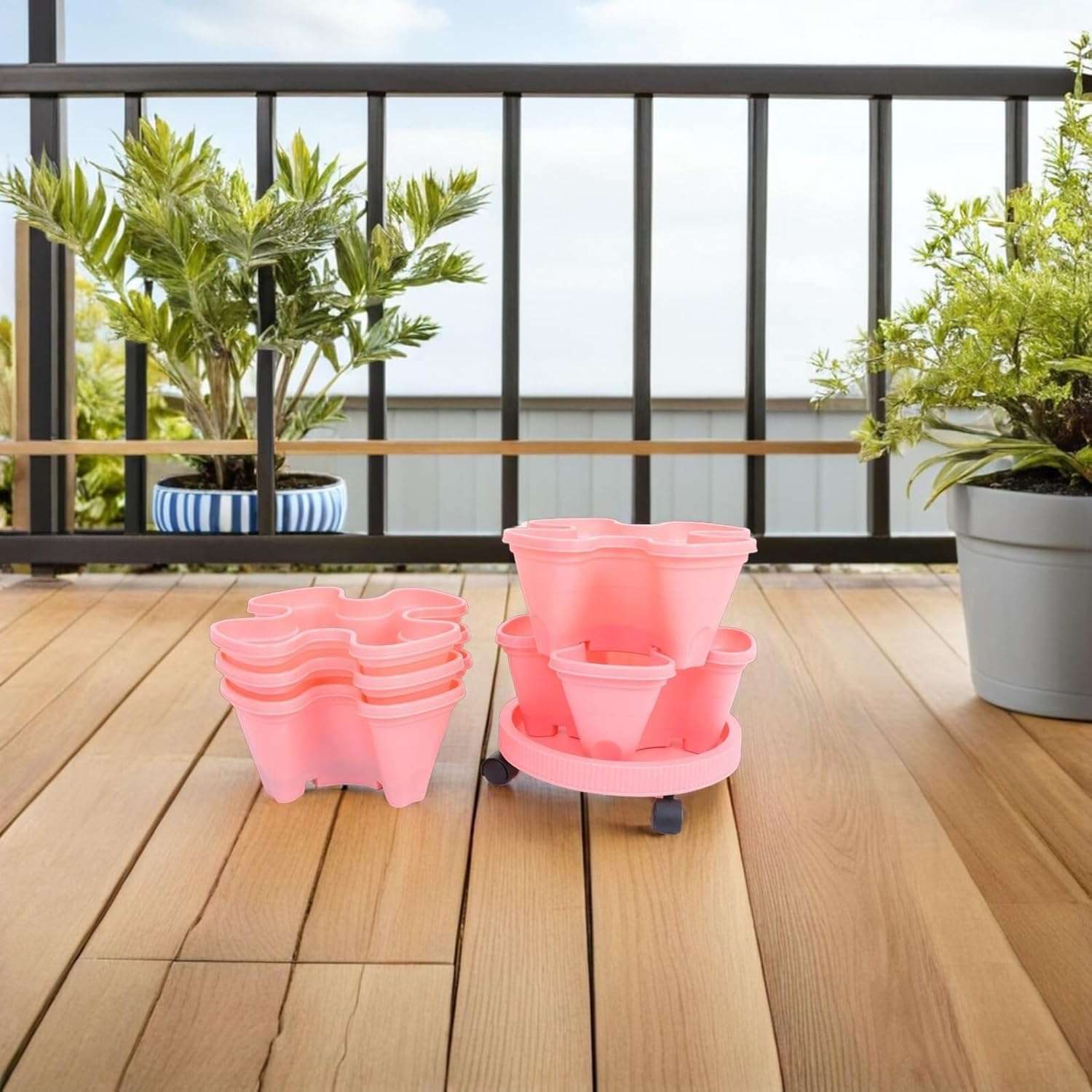 GAROZATION Stackable Vertical Strawberry Tower Planter with Movable Casters Multi-Layer Flower Pot for Outdoor Herb and Vegetable Gardening Space-Saving Pink Multi-Tiered Planter Box image number 3