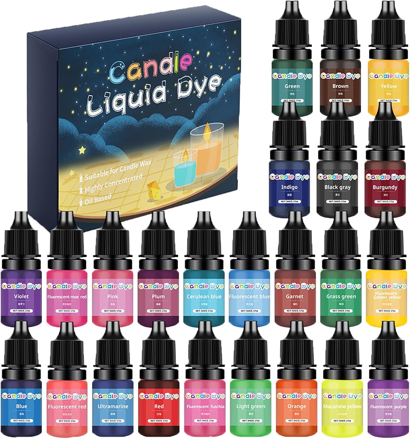 Shgarden Candle Dye 24 Colors 5Ml per Bottle Liquid Oil-Based Dye for Candle Wax Highly Concentrate Natural Vivid Candle Color for DIY Candle Making Lip Gloss Epoxy Resin and Nail Polish SH0101