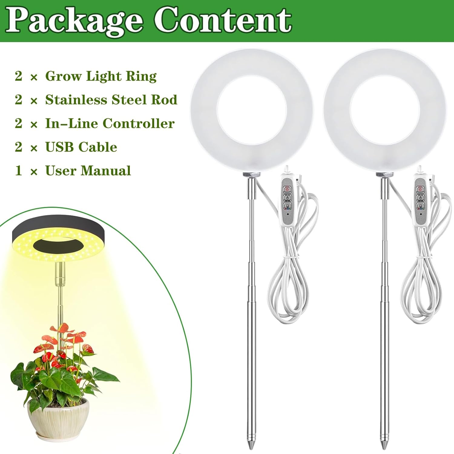 Plant Grow Light 2Pack, LED Growing Lamp Full Spectrum for Indoor Plant, Height Adjustable Plant Light with Auto On/Off Timer 3/9/12H,4 Dimmable Brightness, Ideal for Small Plant (Black)