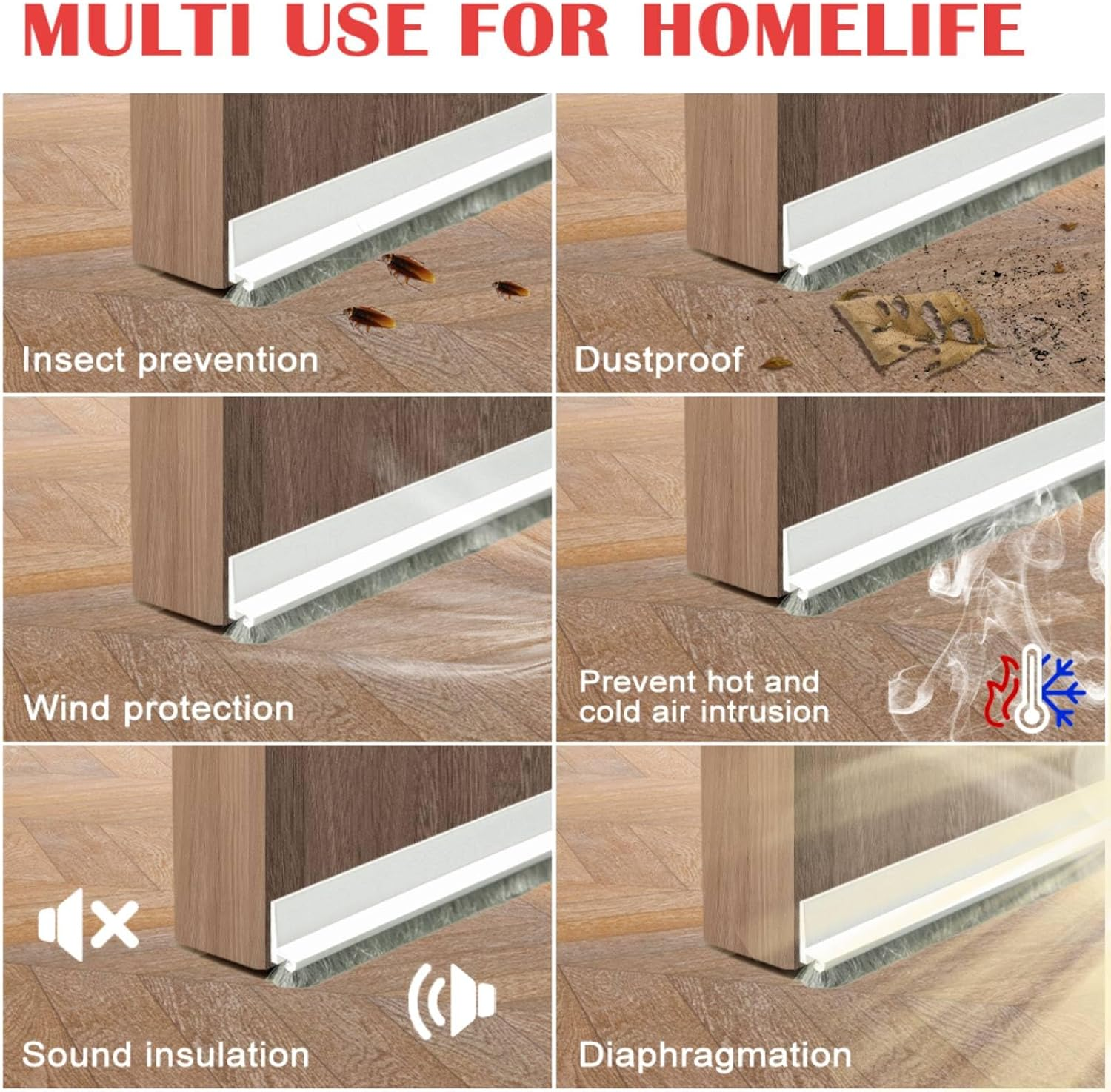 Door Sweep for Bottom of Door, 39.2" L Integrated Design with Brush, Self Adhesive under Door Draft Stopper for Bottom of Door, Door Seal Dust/Noise/Hot or Cold Air Insulation, White 2" W image number 3