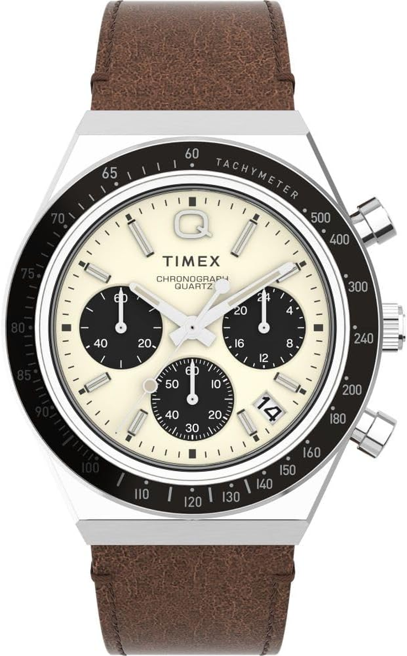 Timex Men'S Q Chronograph 40Mm Brown Leather Strap TW2V42800 Dress Watch, Cream, 40Mm image number 1