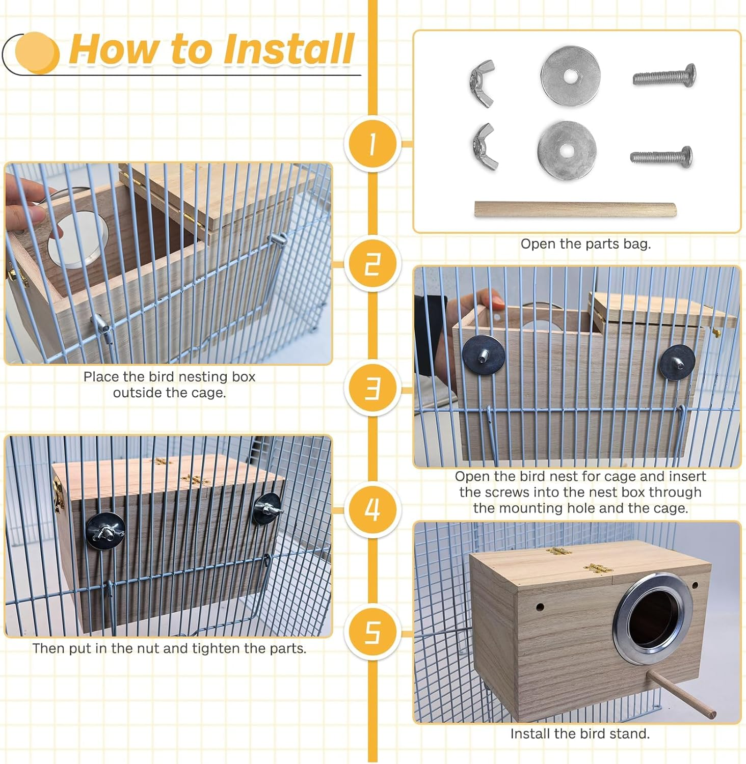 PIVBY Bird Nests Box for Cages Parakeet Breeding Box Wood Budgie House for Lovebirds Cockatiel Parrot Mating Aviary Box (L) image number 5